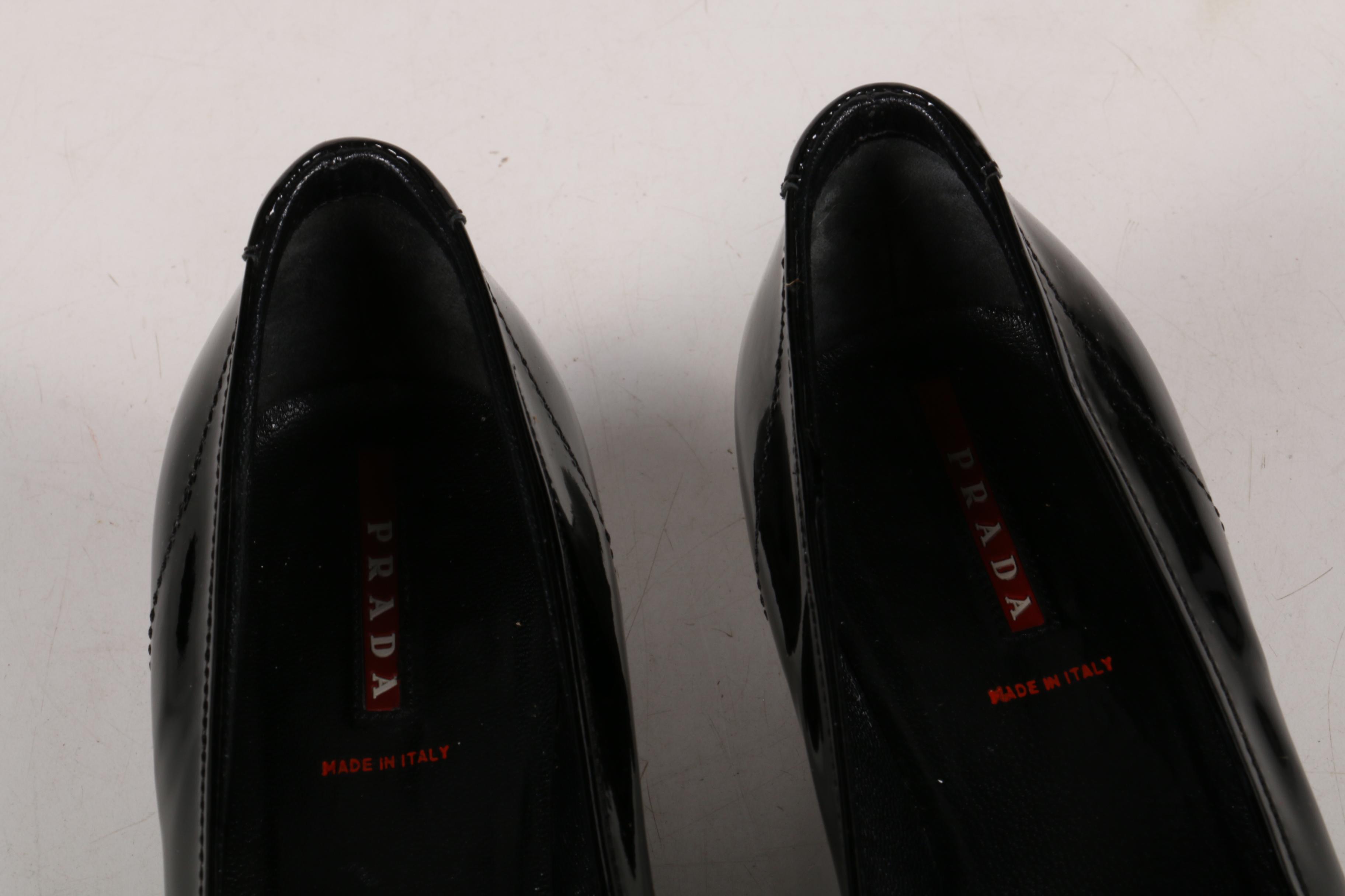 Prada Kitten Heel Loafers in Black Patent Leather
