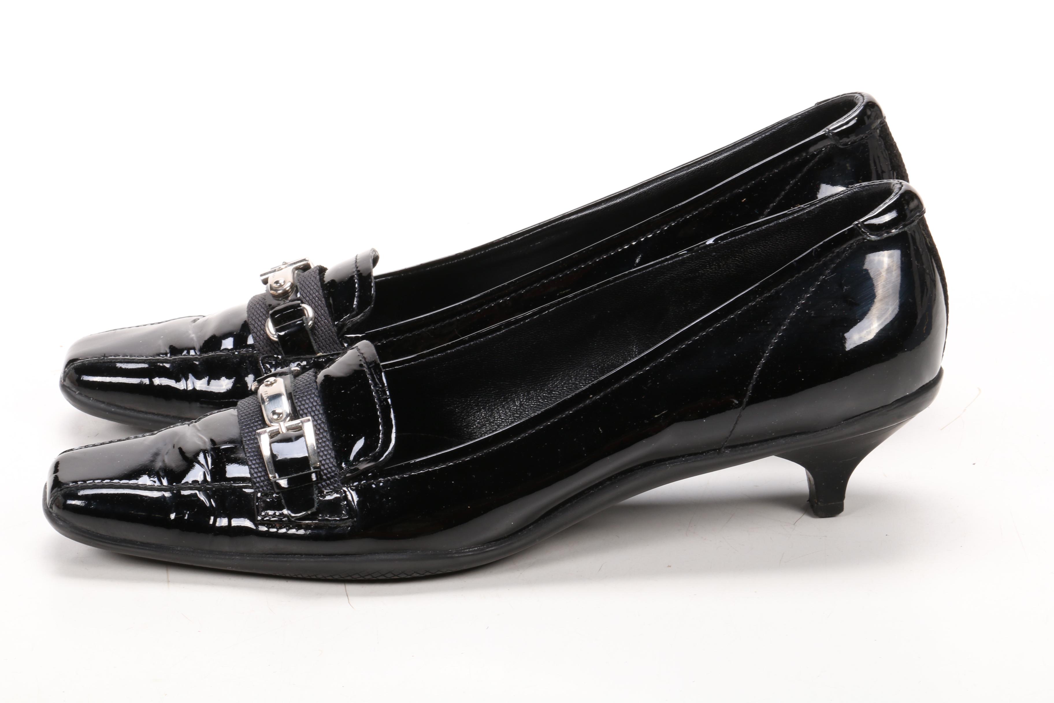 Prada Kitten Heel Loafers in Black Patent Leather