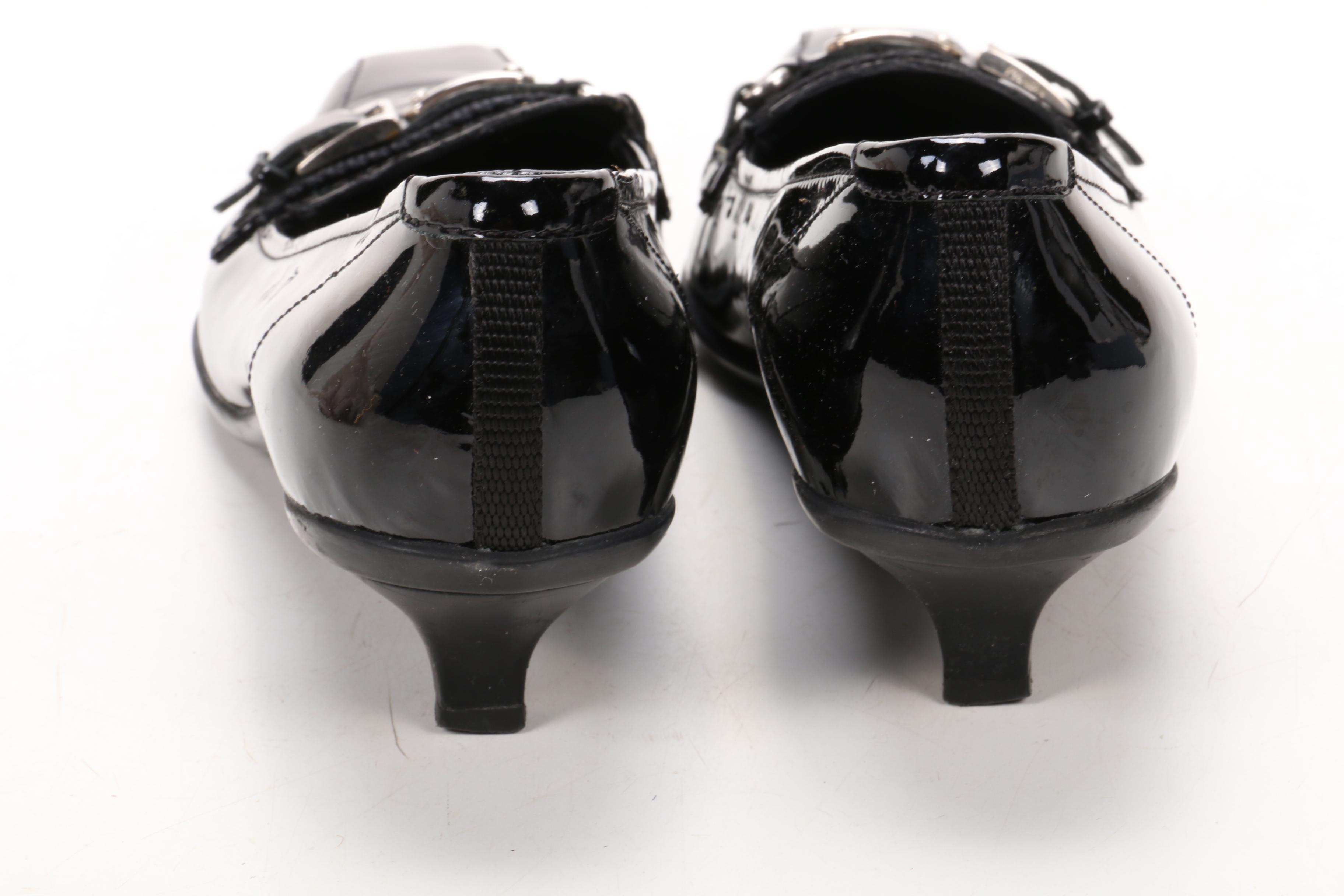 Prada Kitten Heel Loafers in Black Patent Leather