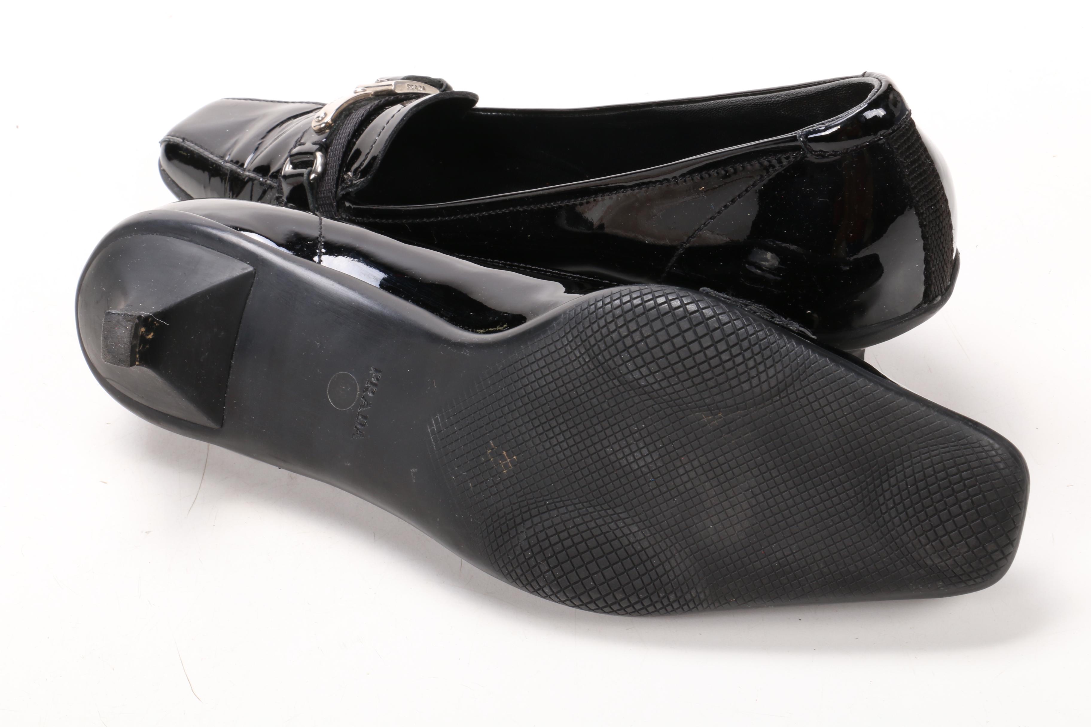 Prada Kitten Heel Loafers in Black Patent Leather