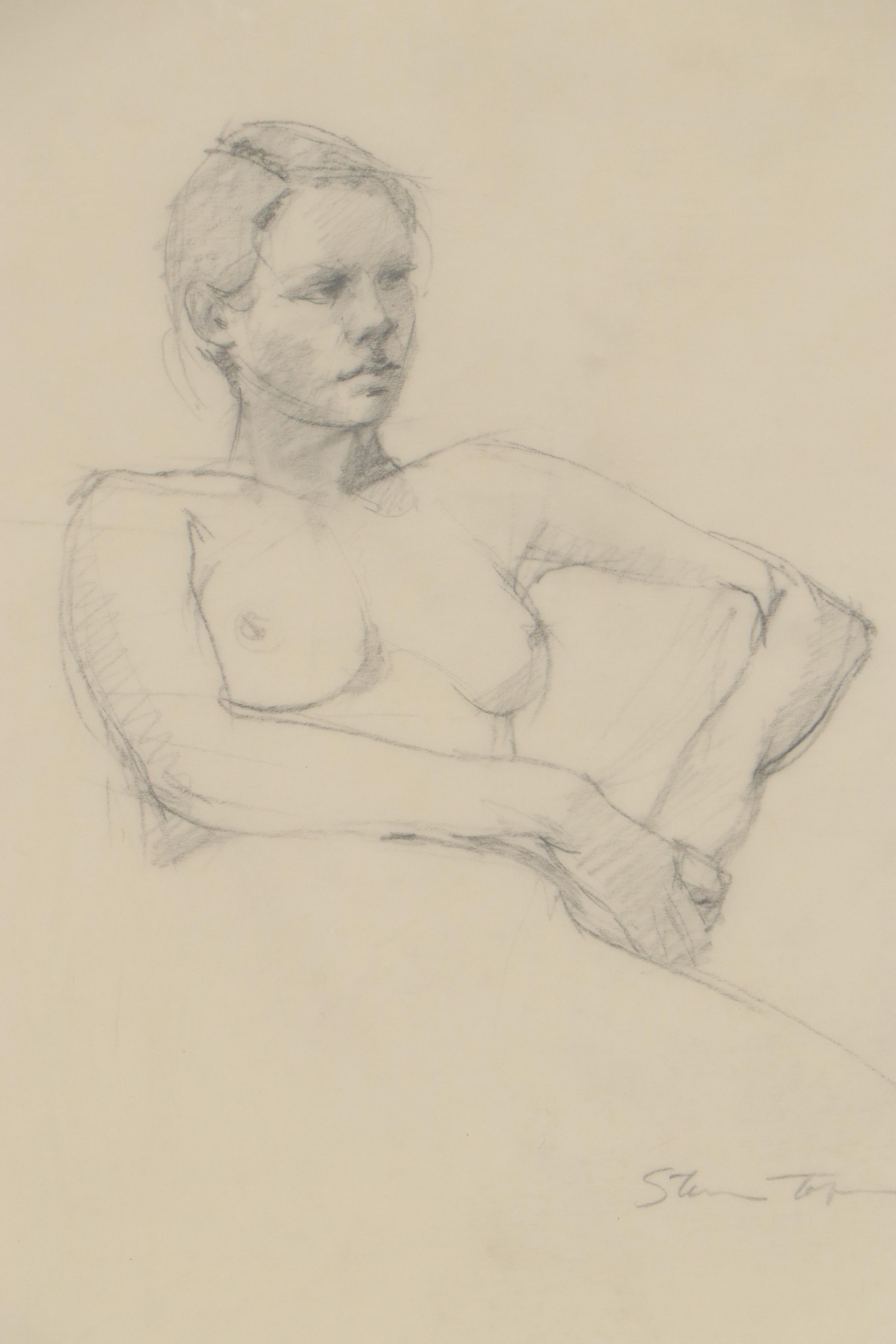 Graphite Figure Drawing of Seated Female Nude, Mid to Late 20th Century