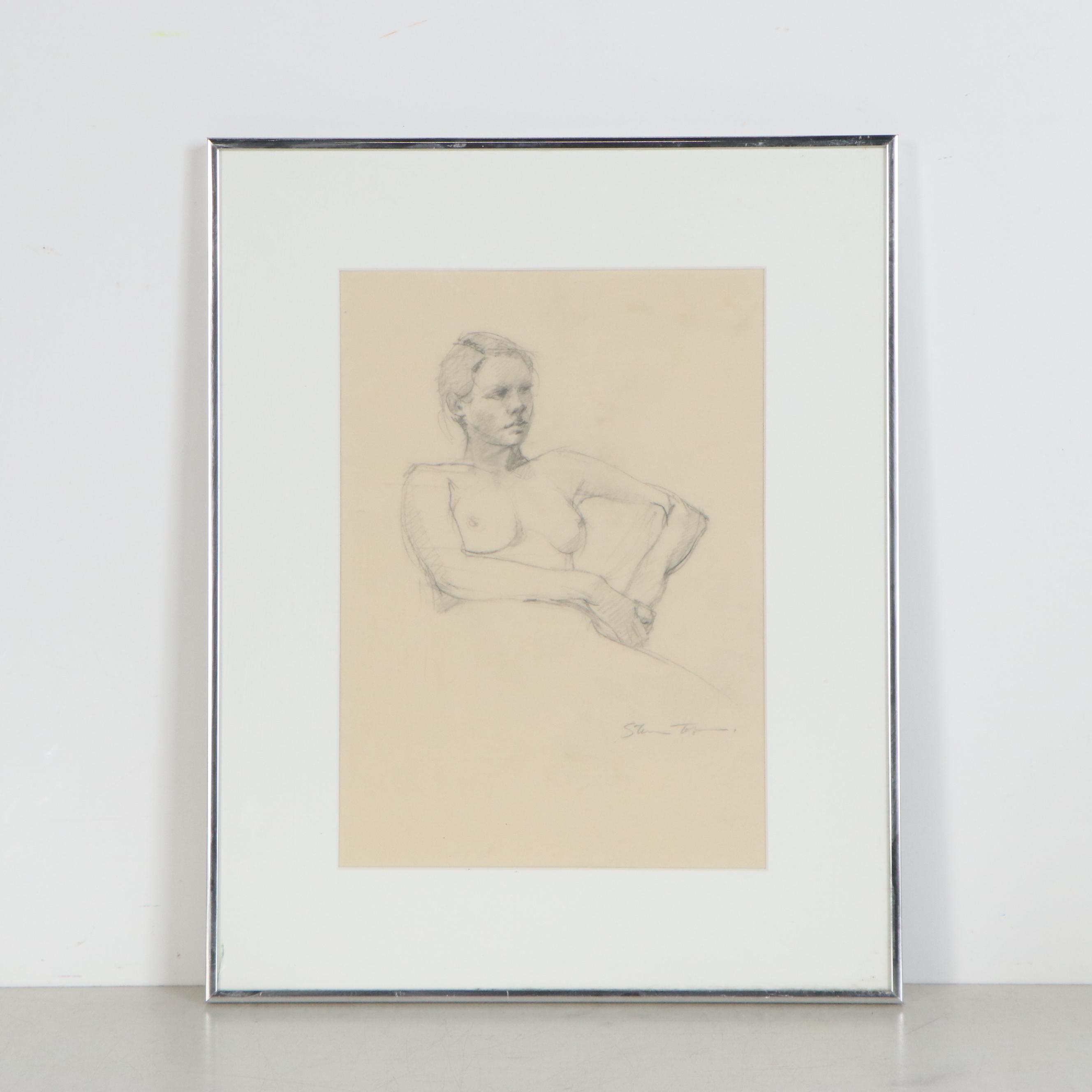 Graphite Figure Drawing of Seated Female Nude, Mid to Late 20th Century