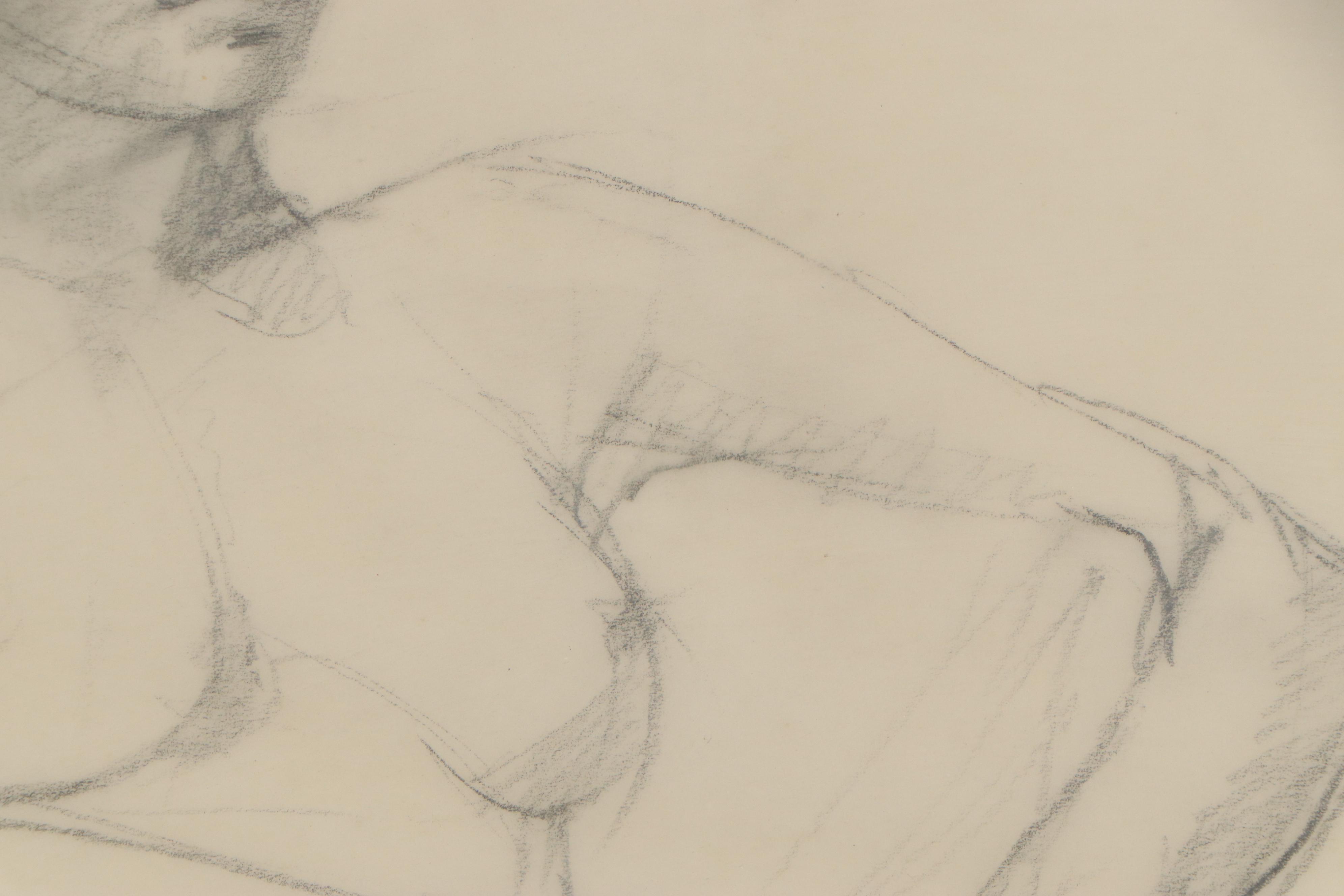 Graphite Figure Drawing of Seated Female Nude, Mid to Late 20th Century