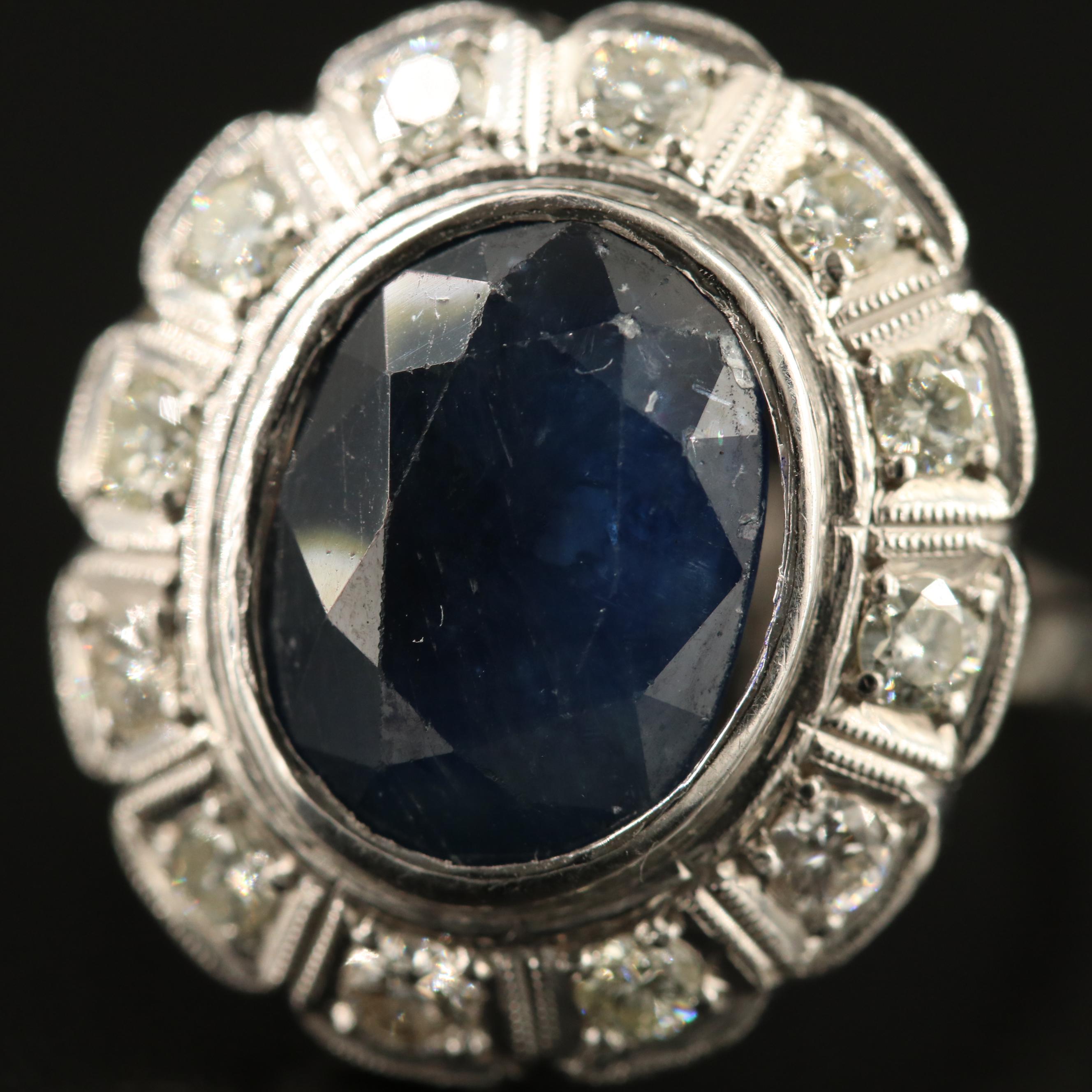 Vintage 18K 4.80 CTW Sapphire and Diamond Ring with Platinum Accent