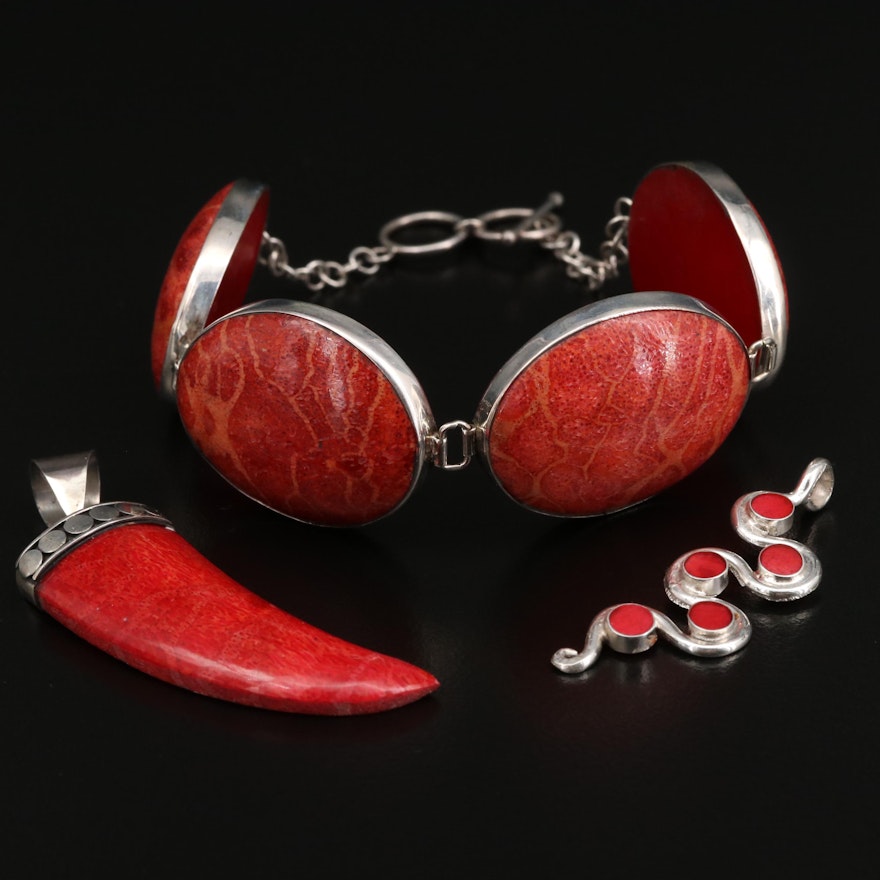 Sterling Silver Panel Link Bracelet and Drop Pendants with Coral