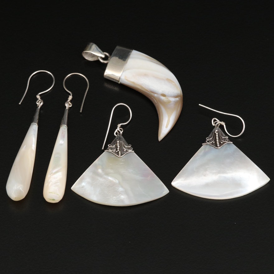 Selection of Sterling Earrings and Pendant with Shell and Mother of Pearl