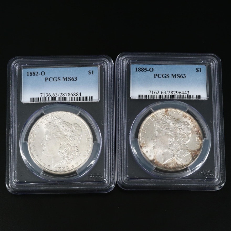PCGS Graded MS63 1882-O and 1885-O Morgan Silver Dollars