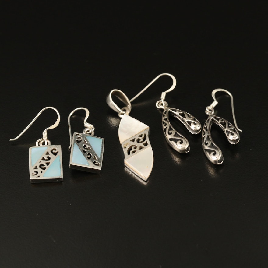 Sterling Mother of Pearl Pendant and Earrings with Openwork Earrings