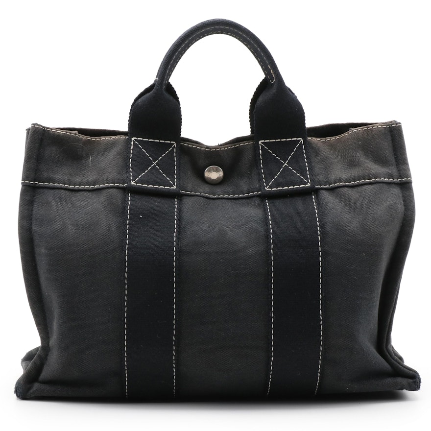 Hermès Fourre Tout MM Tote Bag in Black Cotton Canvas with Contrast Stitching