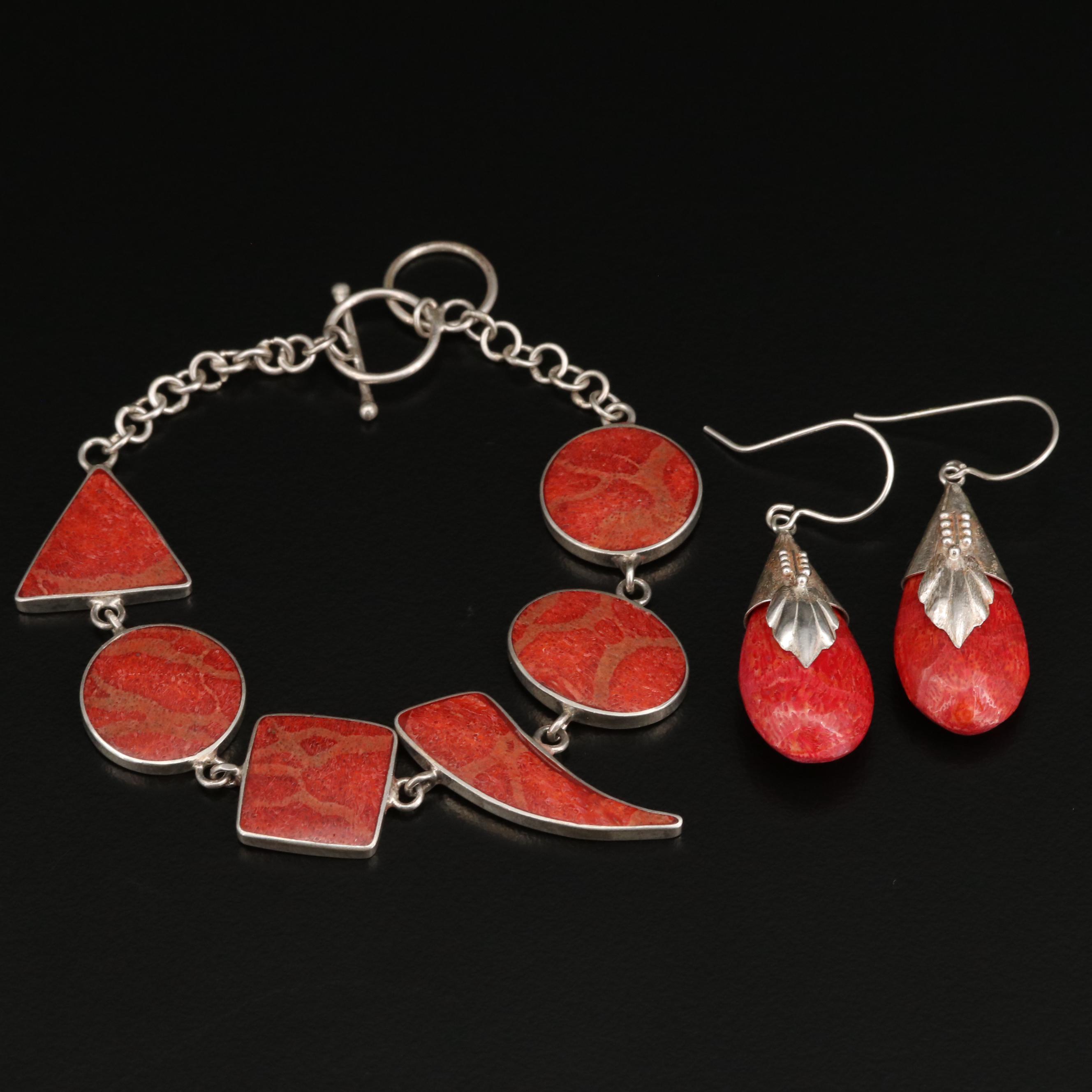 Sterling Coral Geometric Bracelet and Dangle Earrings