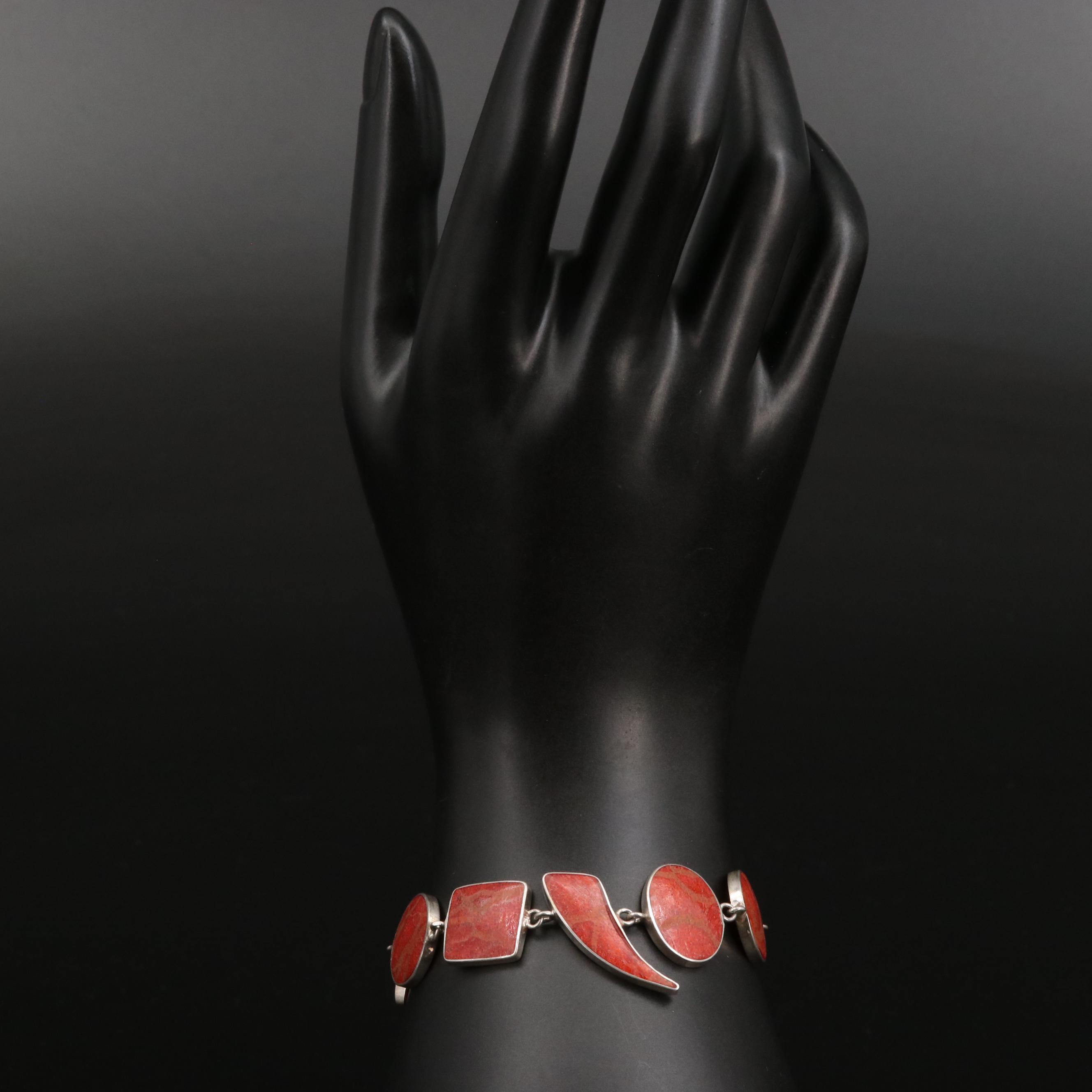 Sterling Coral Geometric Bracelet and Dangle Earrings