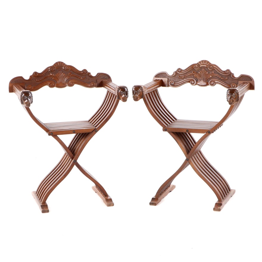 Pair of Renaissance Revival Style Walnut Savonarola Chairs, 20th Century
