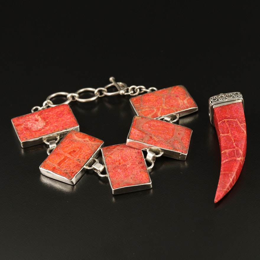 Sterling Silver Jewelry Including Coral Panel Link Bracelet and Pendant