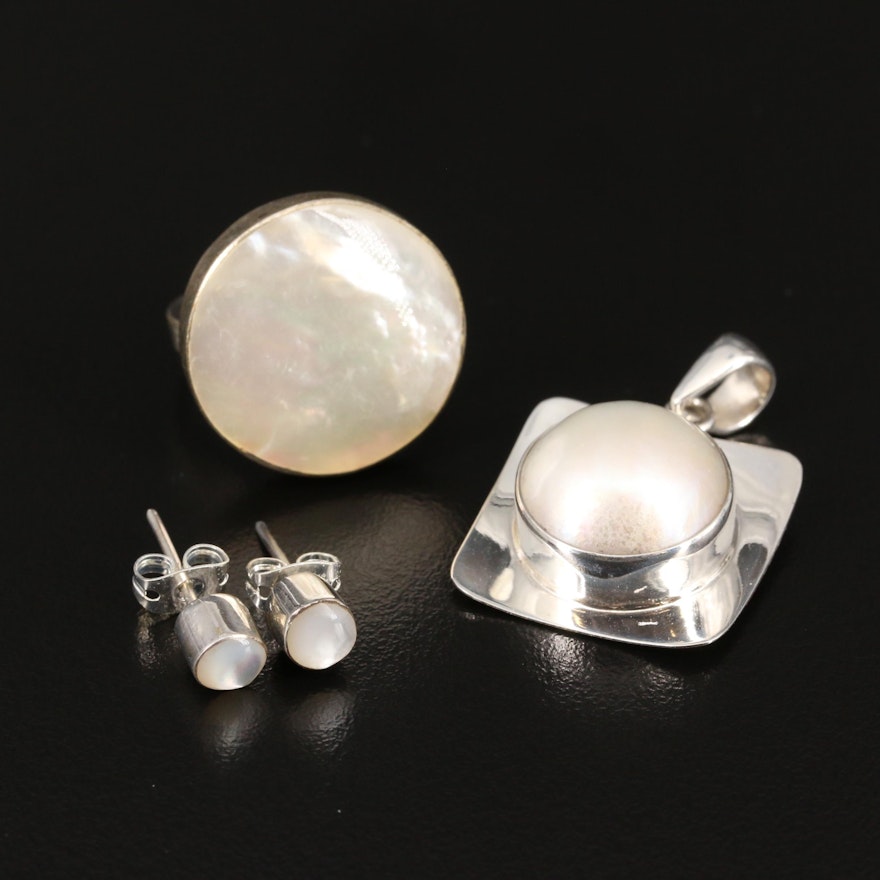 Sterling Silver Mother of Pearl Ring and Stud Earrings with Mabé Pearl Pendant