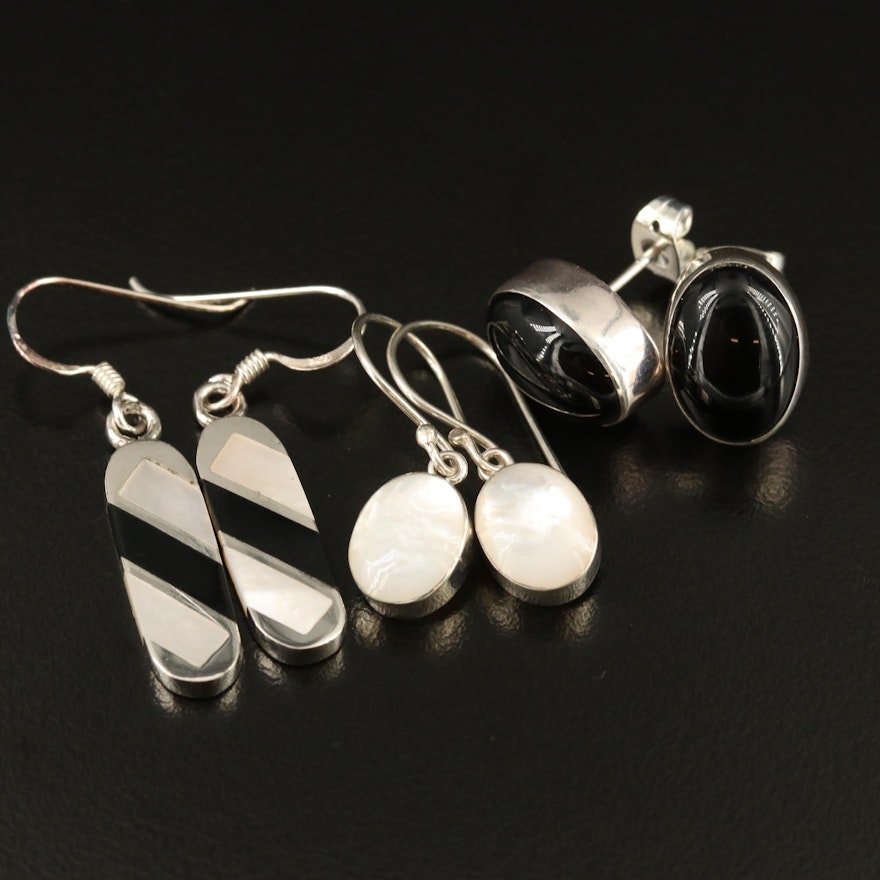 Assorted Sterling Silver Earrings Featuring Black Onyx and Mother of Pearl