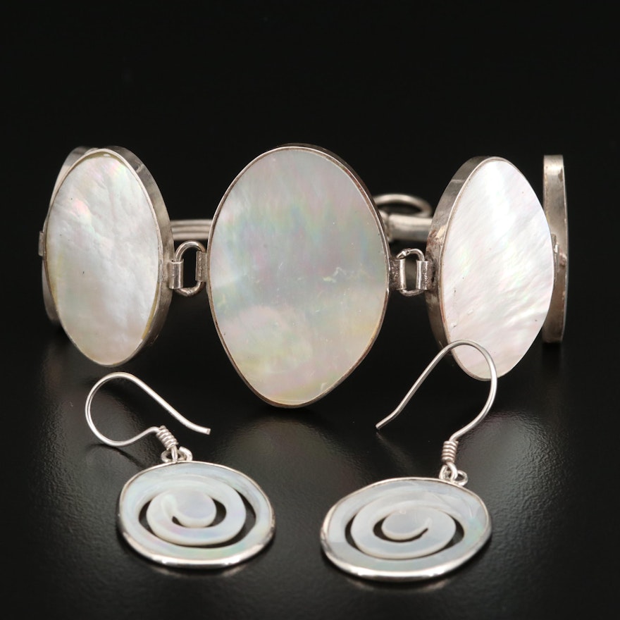 Geometric Sterling Silver Mother of Pearl Earrings and Bracelet