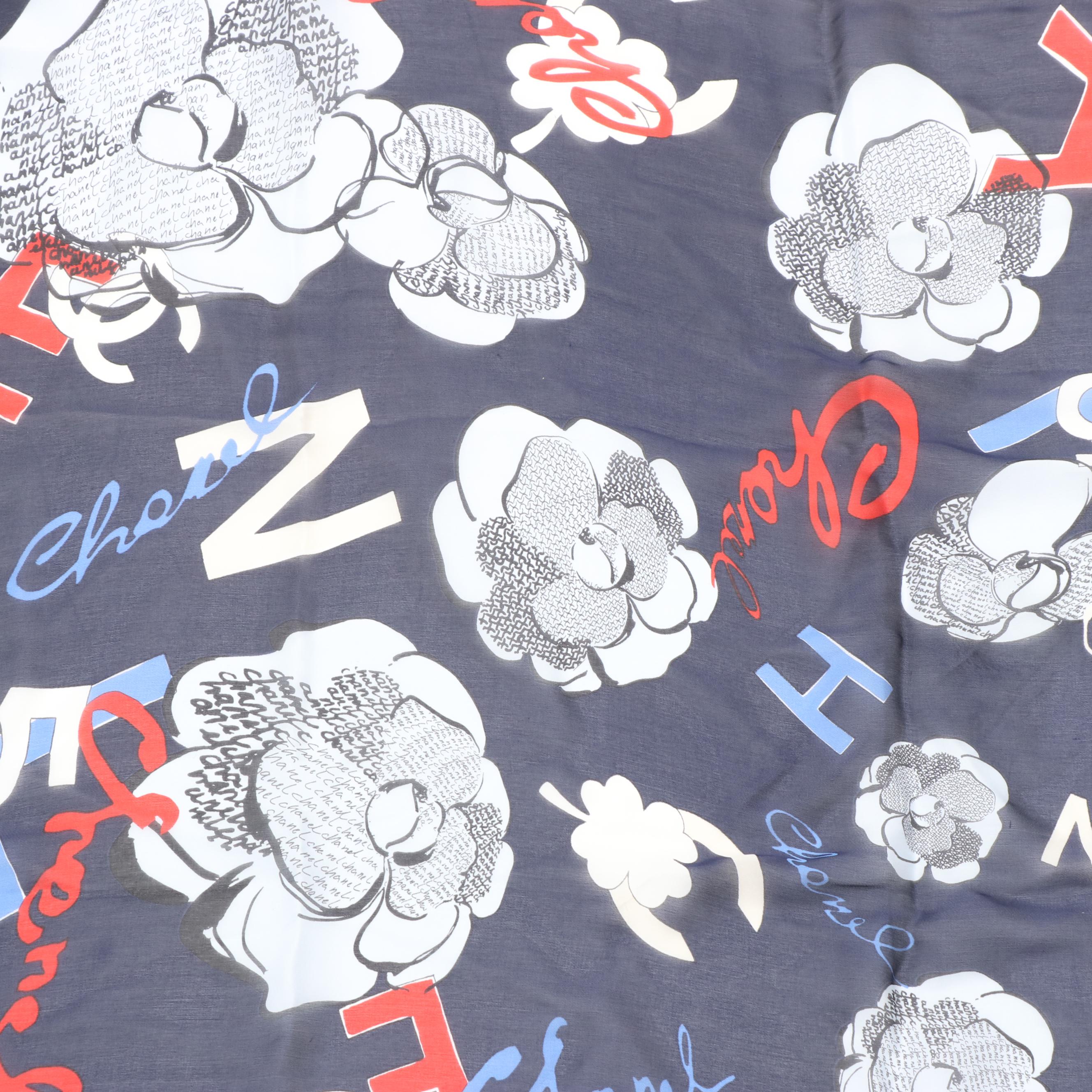 Chanel Silk Chiffon Camellia No. 5 Print Scarf in Red White and Blue