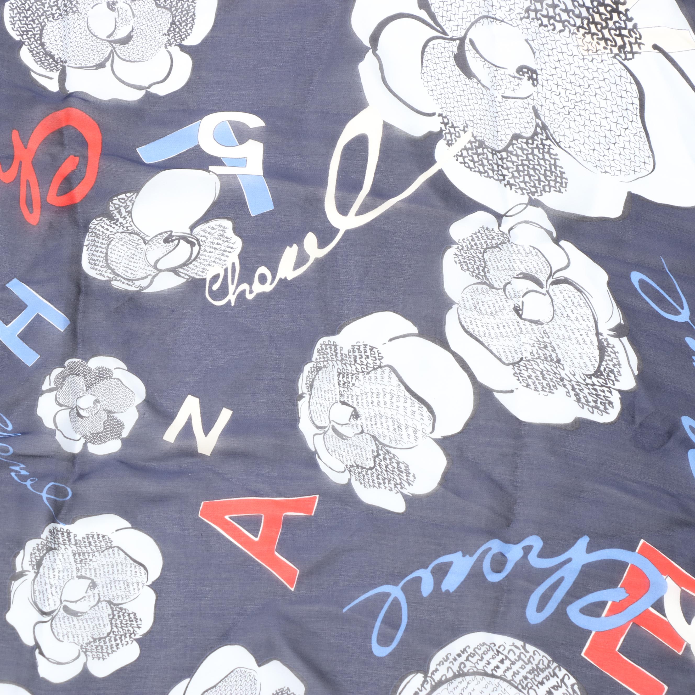 Chanel Silk Chiffon Camellia No. 5 Print Scarf in Red White and Blue