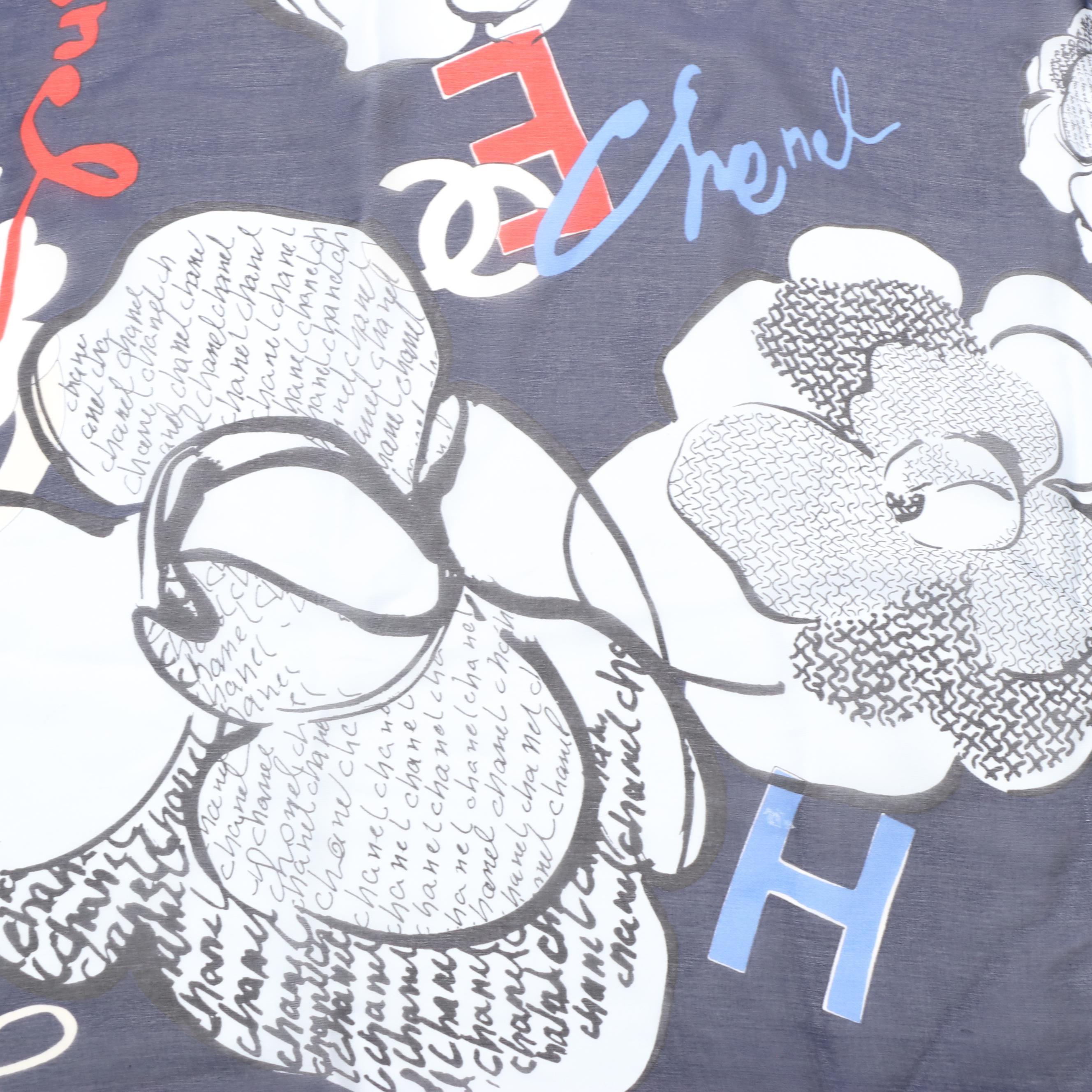 Chanel Silk Chiffon Camellia No. 5 Print Scarf in Red White and Blue