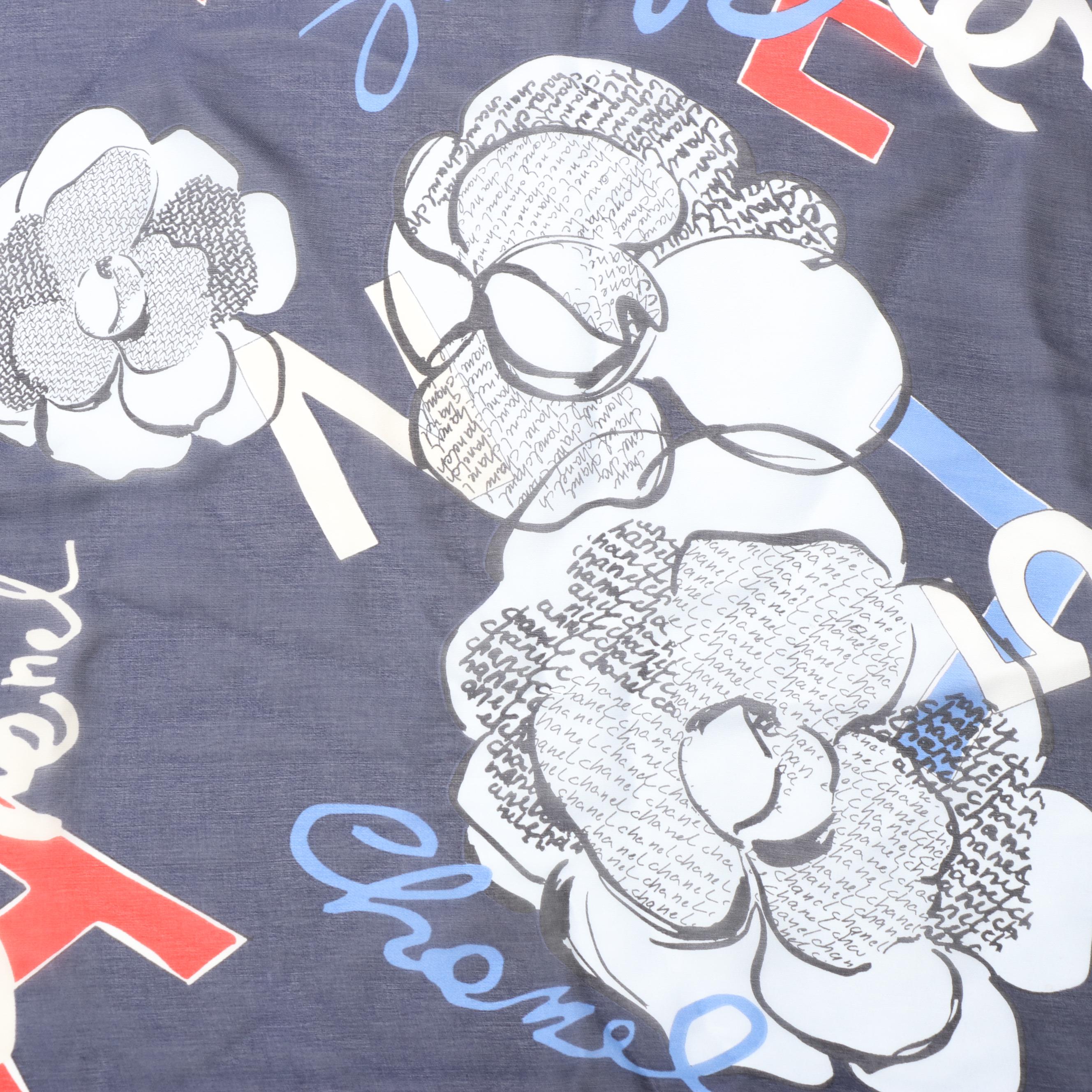 Chanel Silk Chiffon Camellia No. 5 Print Scarf in Red White and Blue