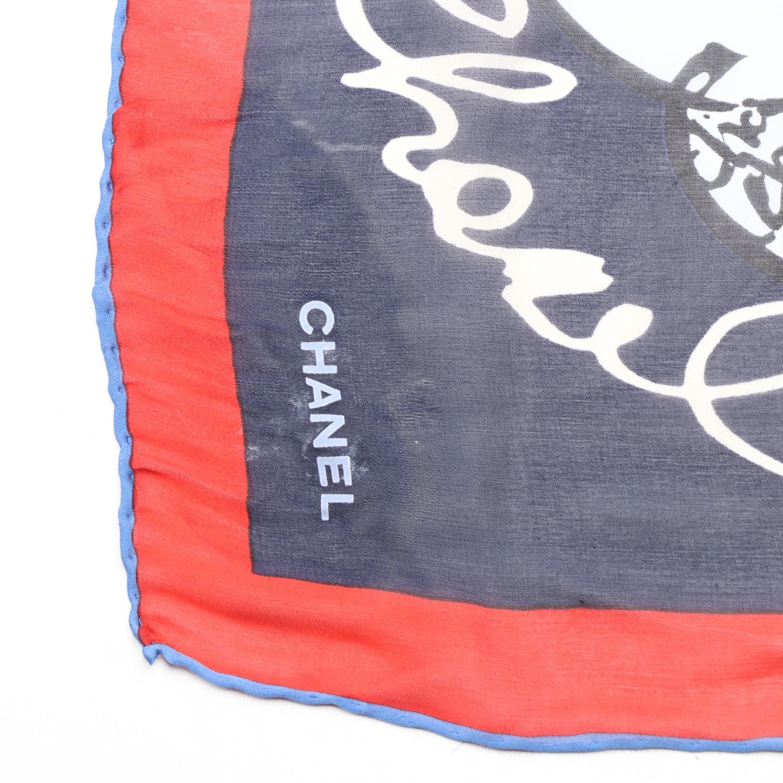 Chanel Silk Chiffon Camellia No. 5 Print Scarf in Red White and Blue