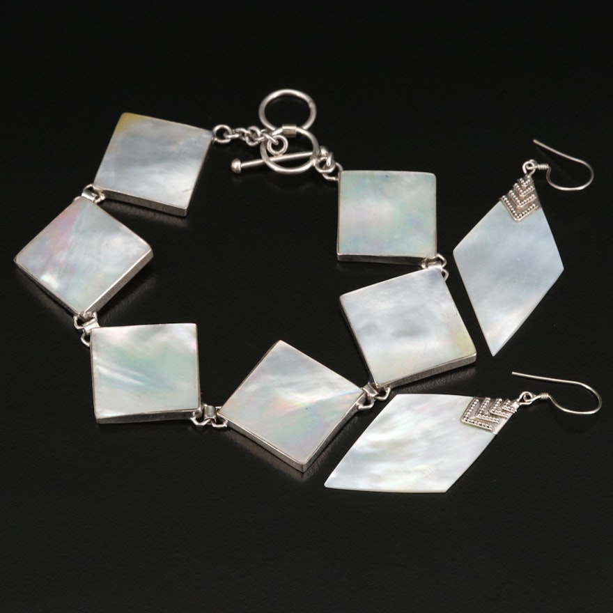 Sterling Silver Mother of Pearl Toggle Bracelet and Earrings