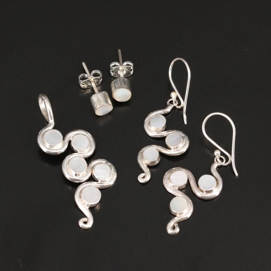 Selection of Sterling Earrings and Pendant Featuring Mother of Pearl and Resin