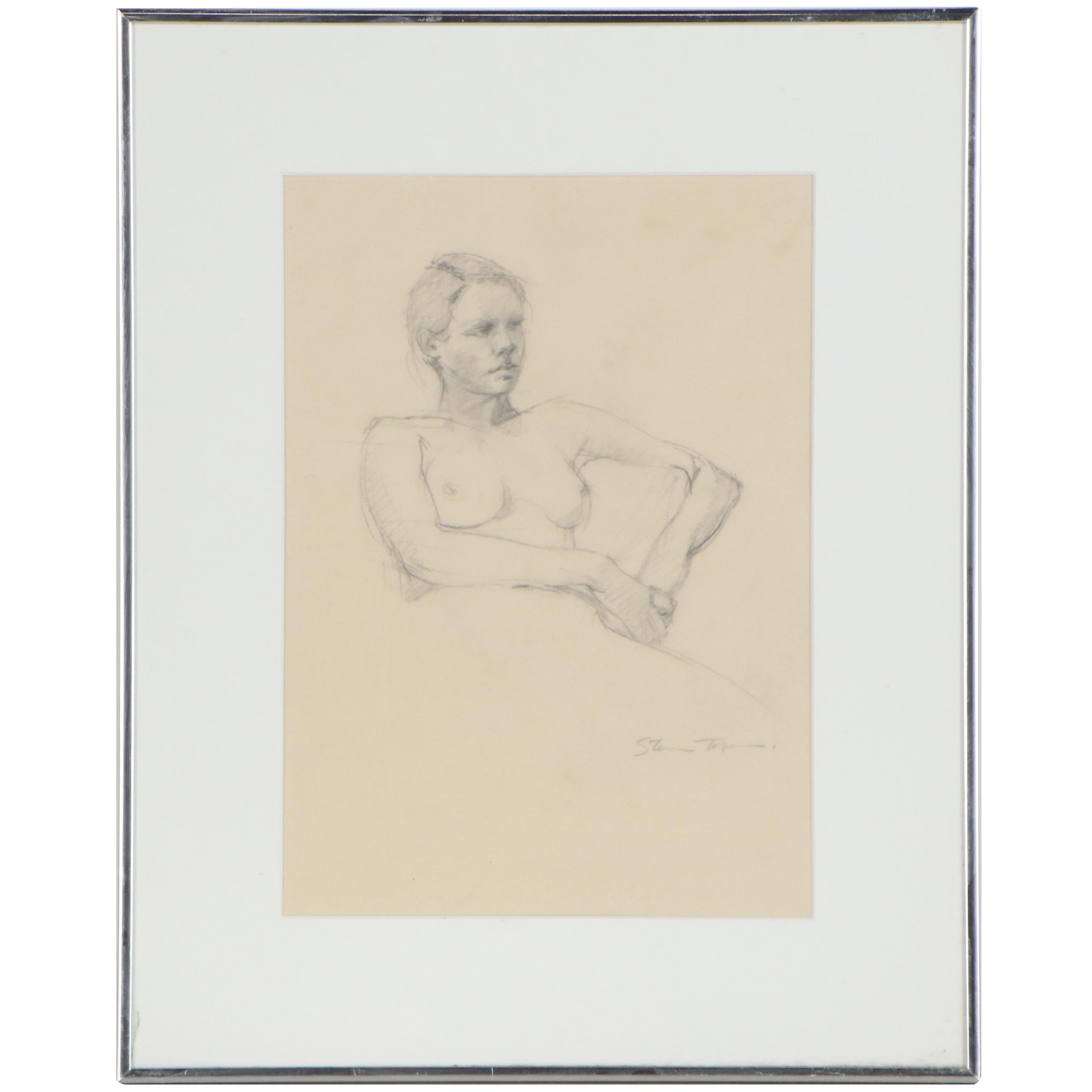 Graphite Figure Drawing of Seated Female Nude, Mid to Late 20th Century