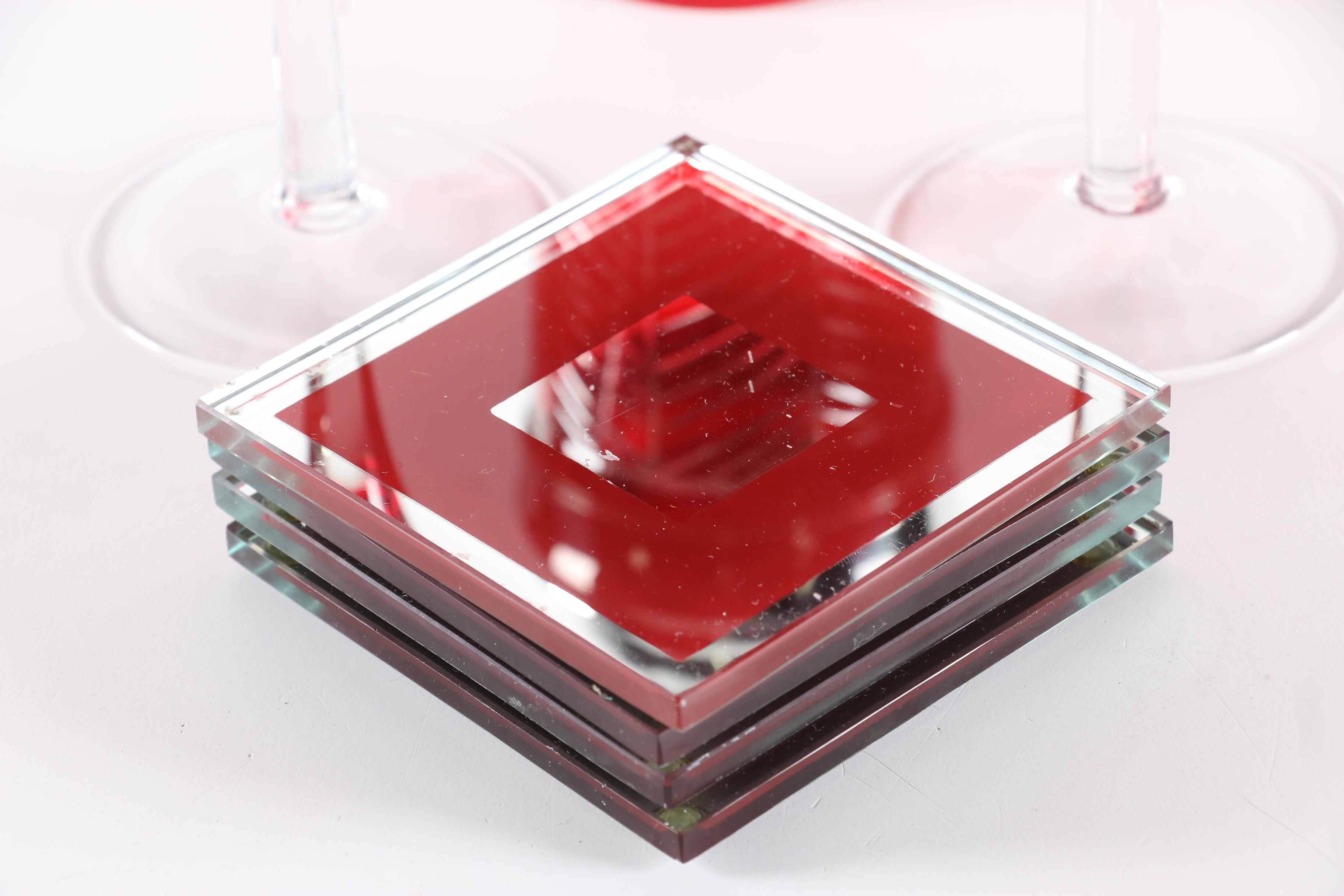 Red Cut to Clear Martini Glasses and Cocktail Shaker with Mirrored Coasters