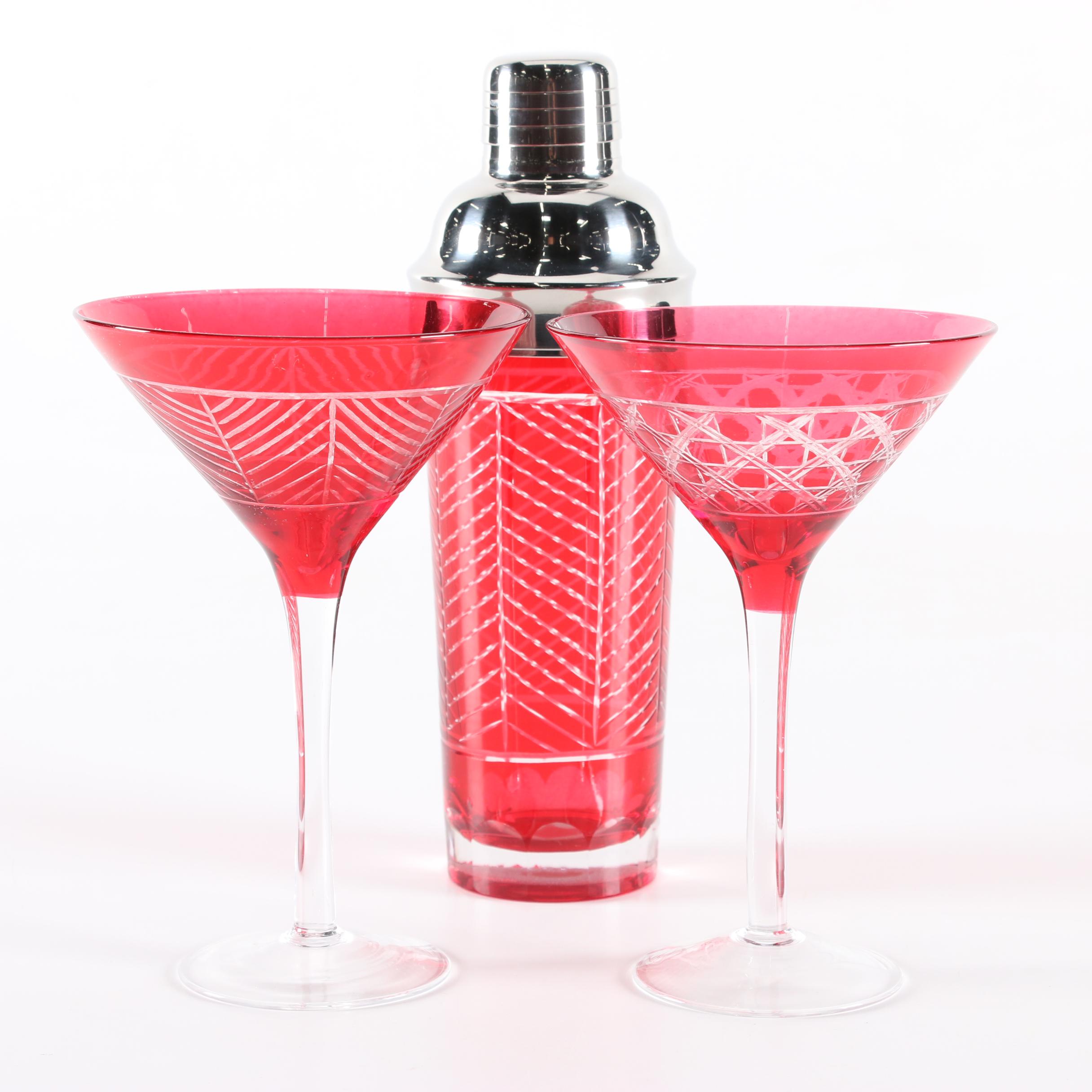 Red Cut to Clear Martini Glasses and Cocktail Shaker with Mirrored Coasters