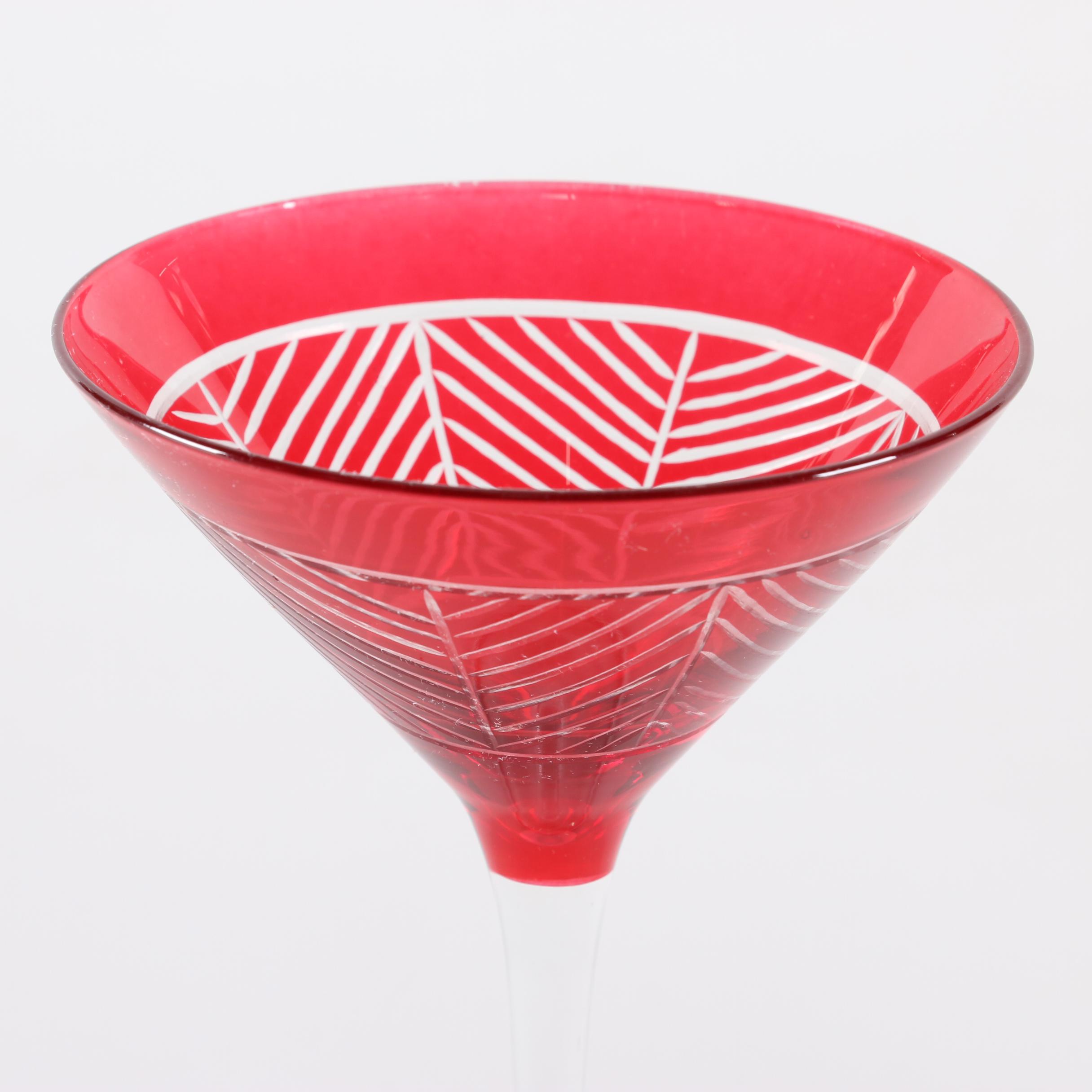 Red Cut to Clear Martini Glasses and Cocktail Shaker with Mirrored Coasters