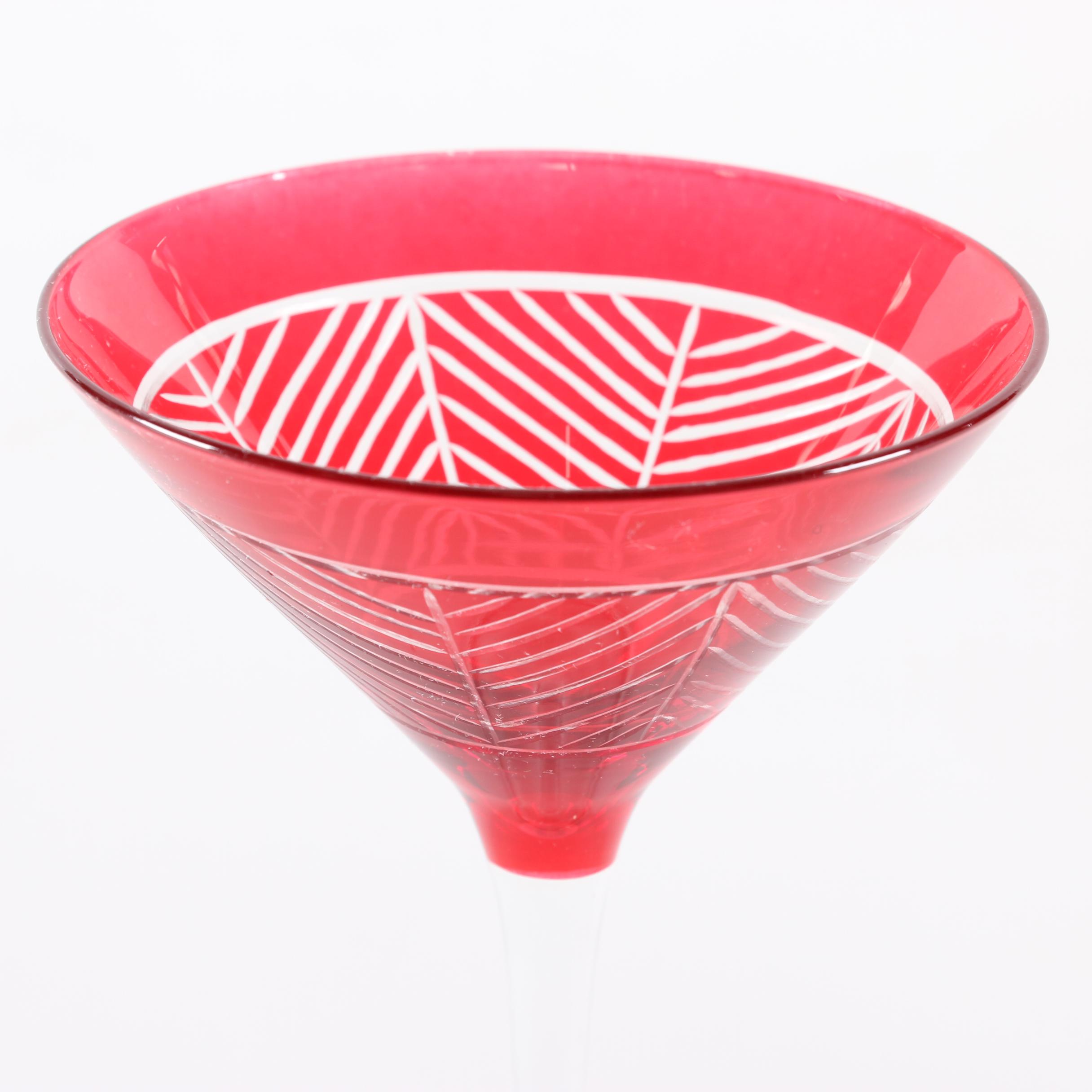 Red Cut to Clear Martini Glasses and Cocktail Shaker with Mirrored Coasters