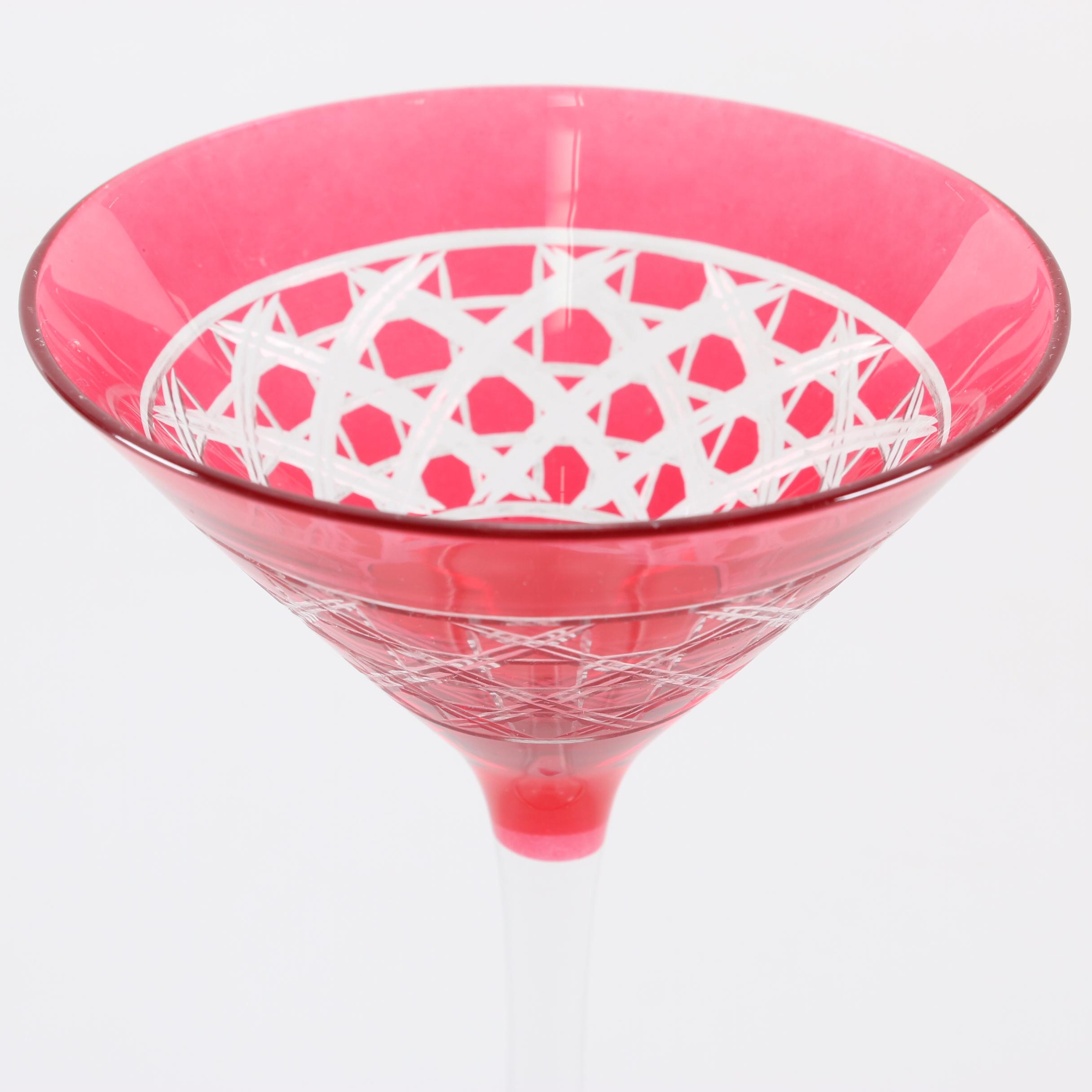 Red Cut to Clear Martini Glasses and Cocktail Shaker with Mirrored Coasters