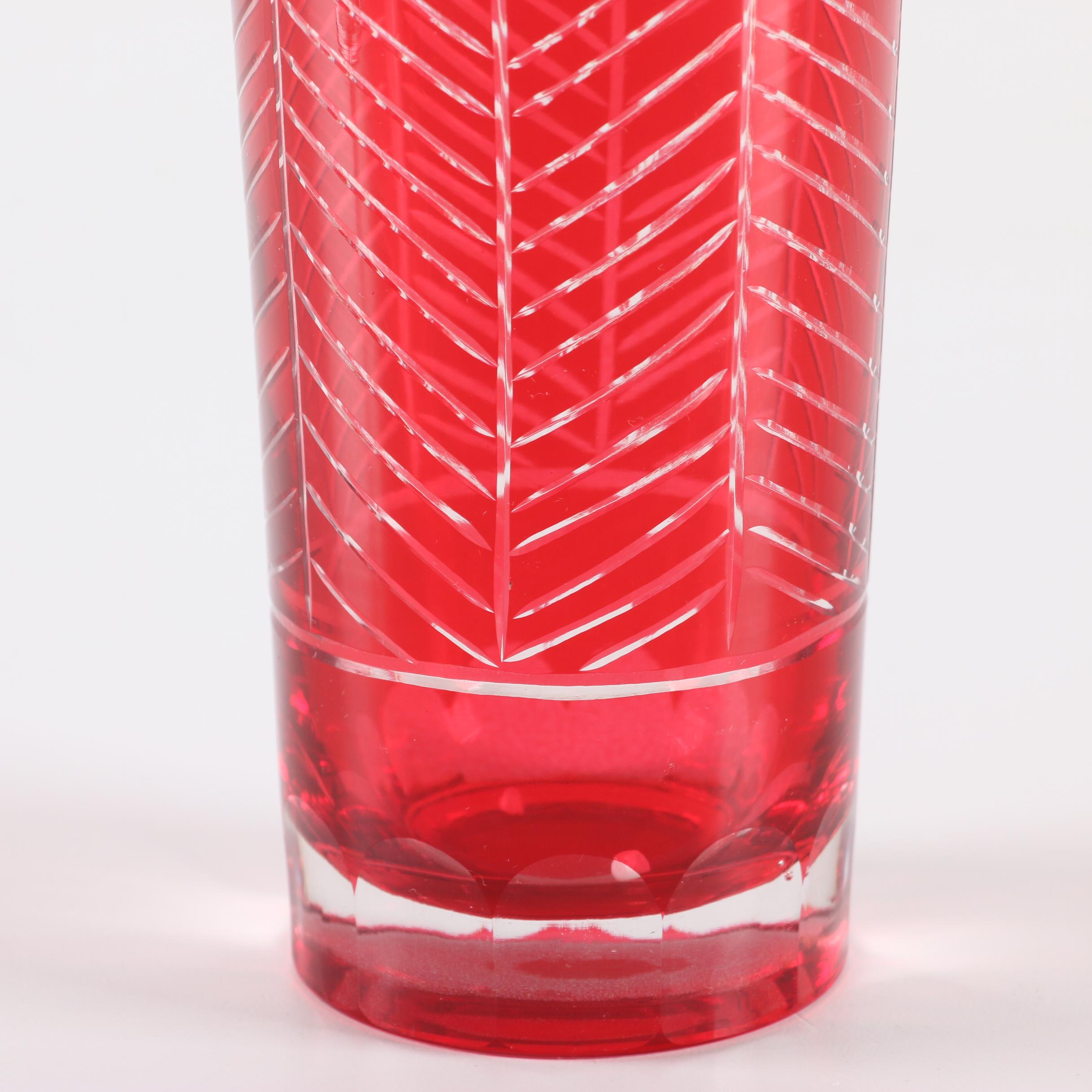 Red Cut to Clear Martini Glasses and Cocktail Shaker with Mirrored Coasters