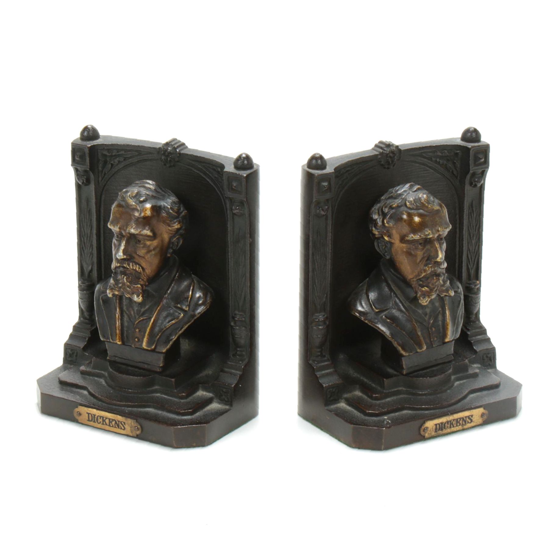 Bradley & Hubbard Bronze Finish Charles Dickens Bust Bookends