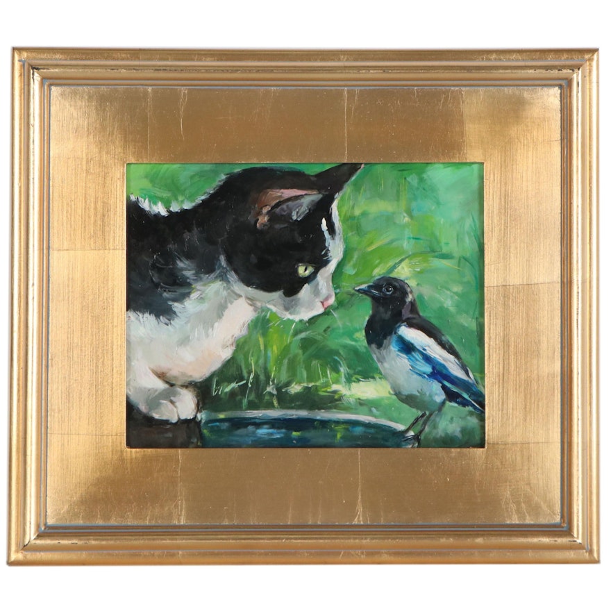 Adam Deda Oil Painting "A Cat and Magpie", 2020