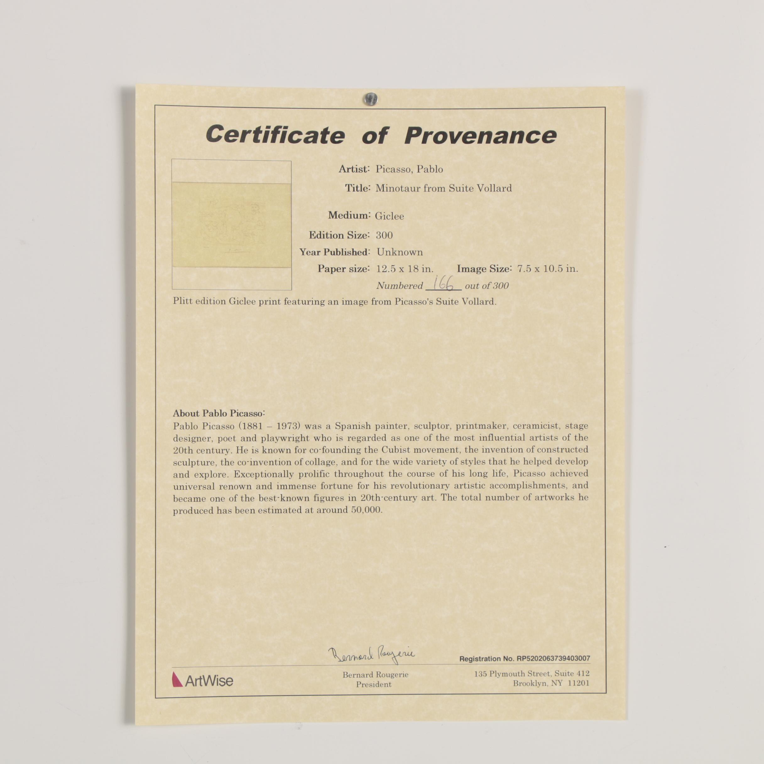 Giclée after Pablo Picasso "Minotaur" from "Suite Vollard," Late 20th Century