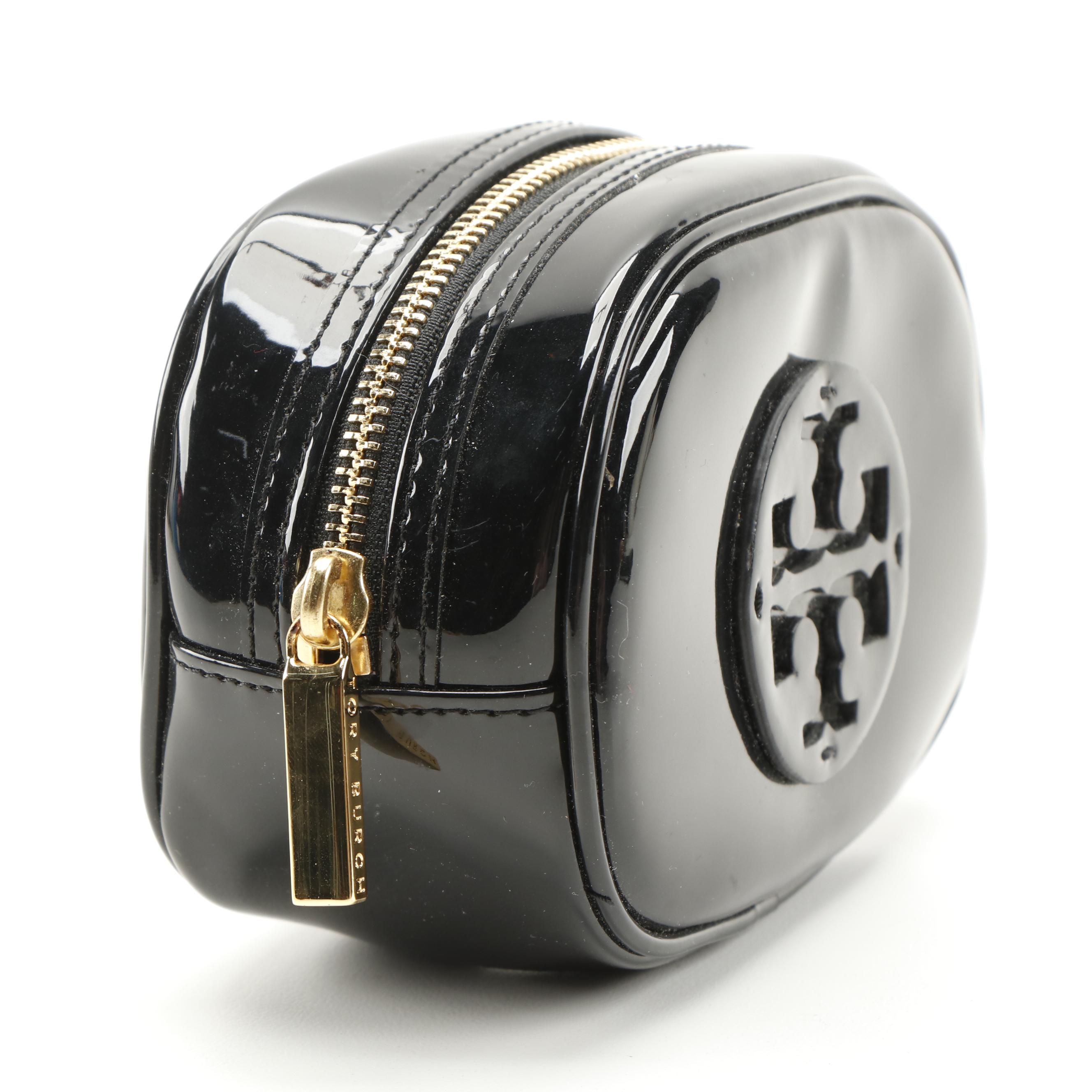 Tory Burch Black Patent Logo Cosmetic Zip Pouch