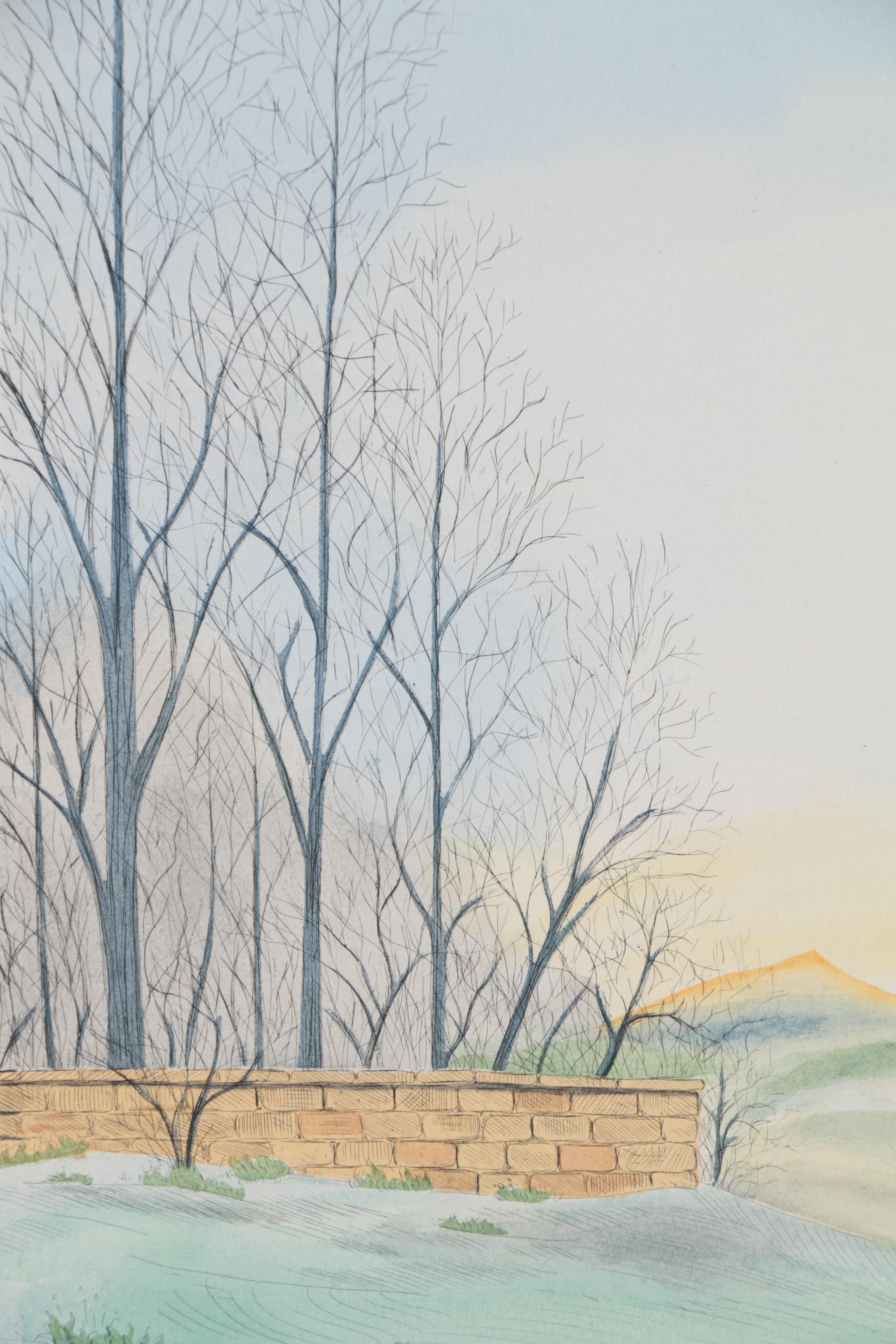 Borris Saillart Hand-Colored Etching "Au Bout de la Clôture," 1975