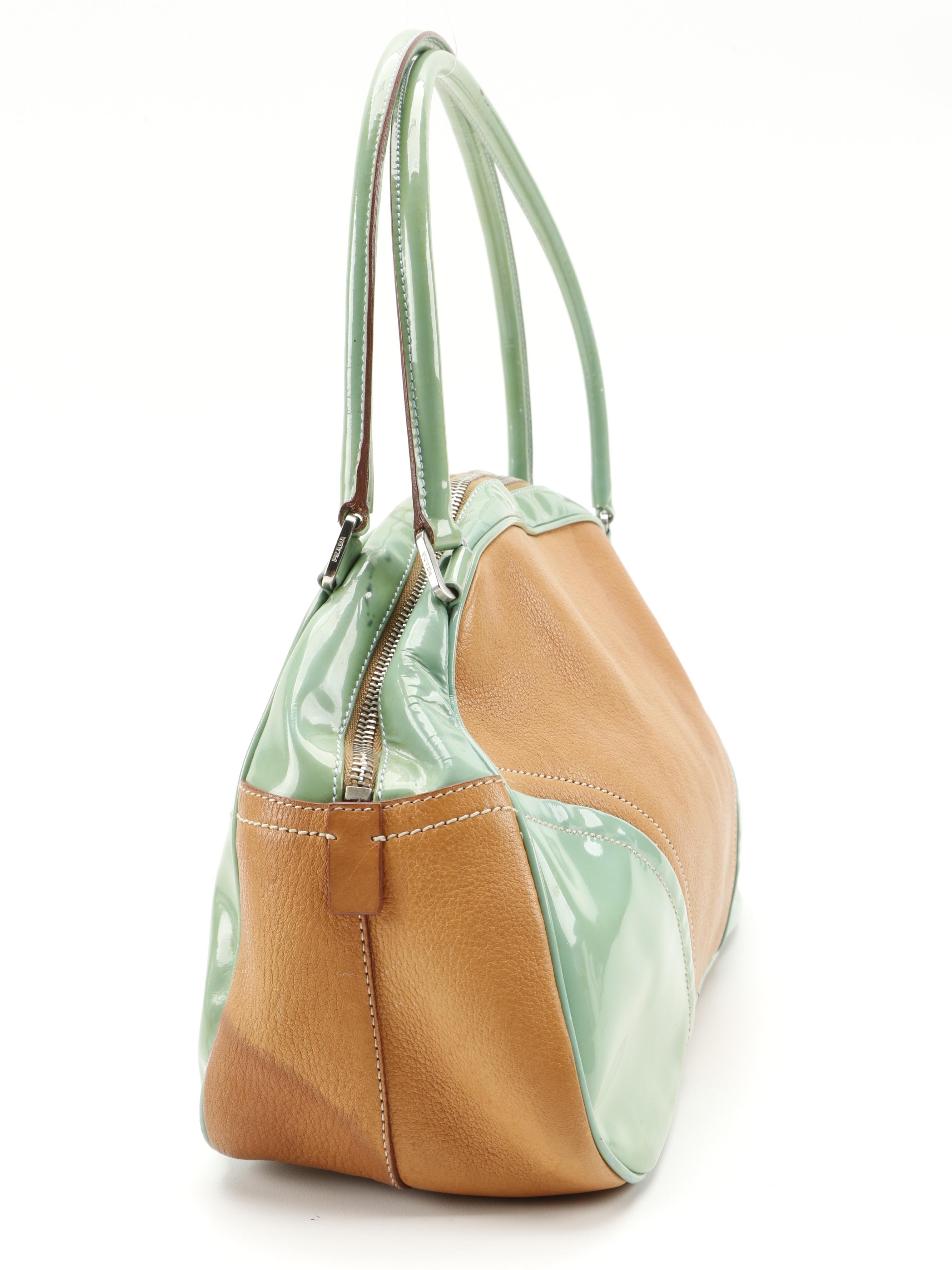 Prada Bowler Bag in Tan Leather and Green Patent Leather Trim
