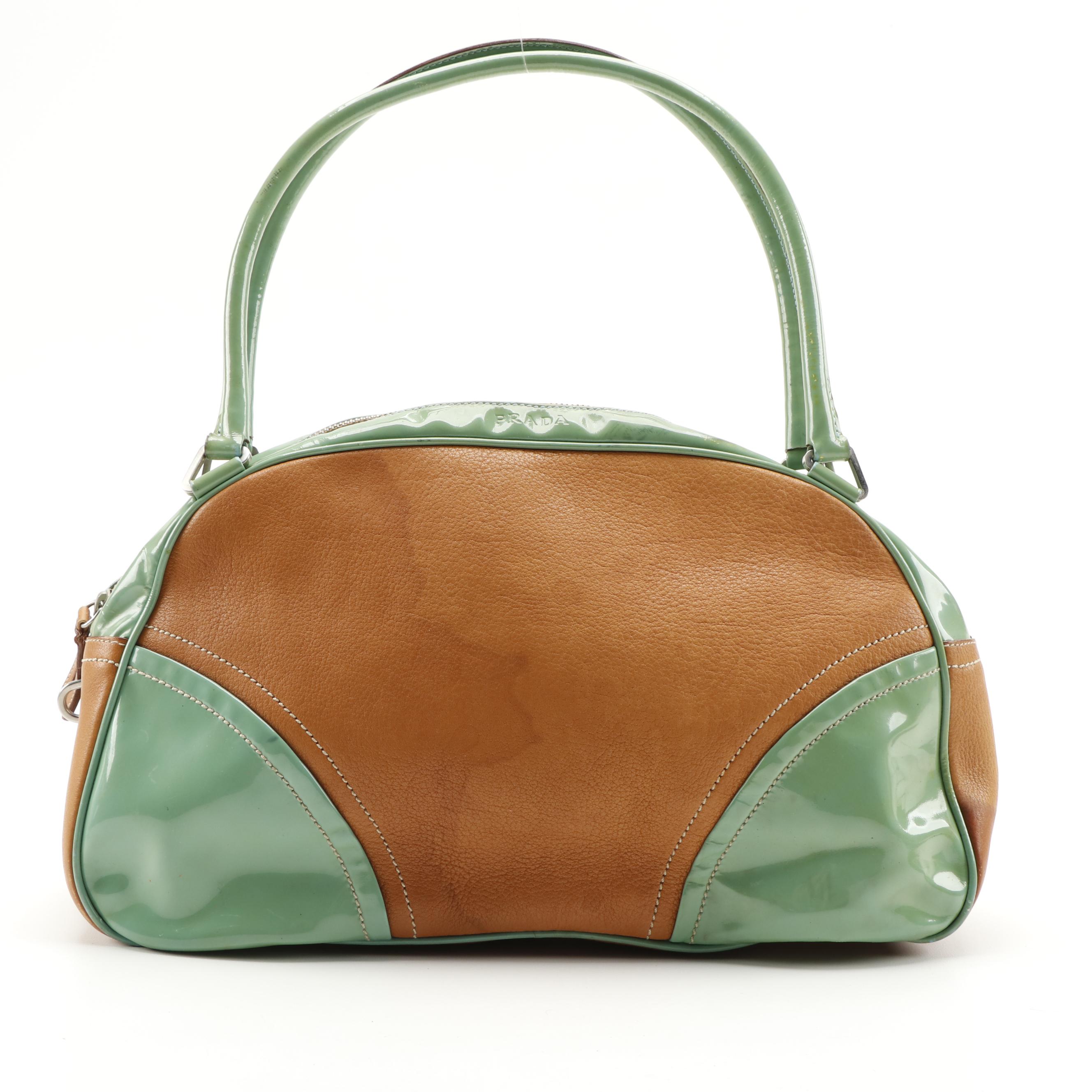 Prada Bowler Bag in Tan Leather and Green Patent Leather Trim