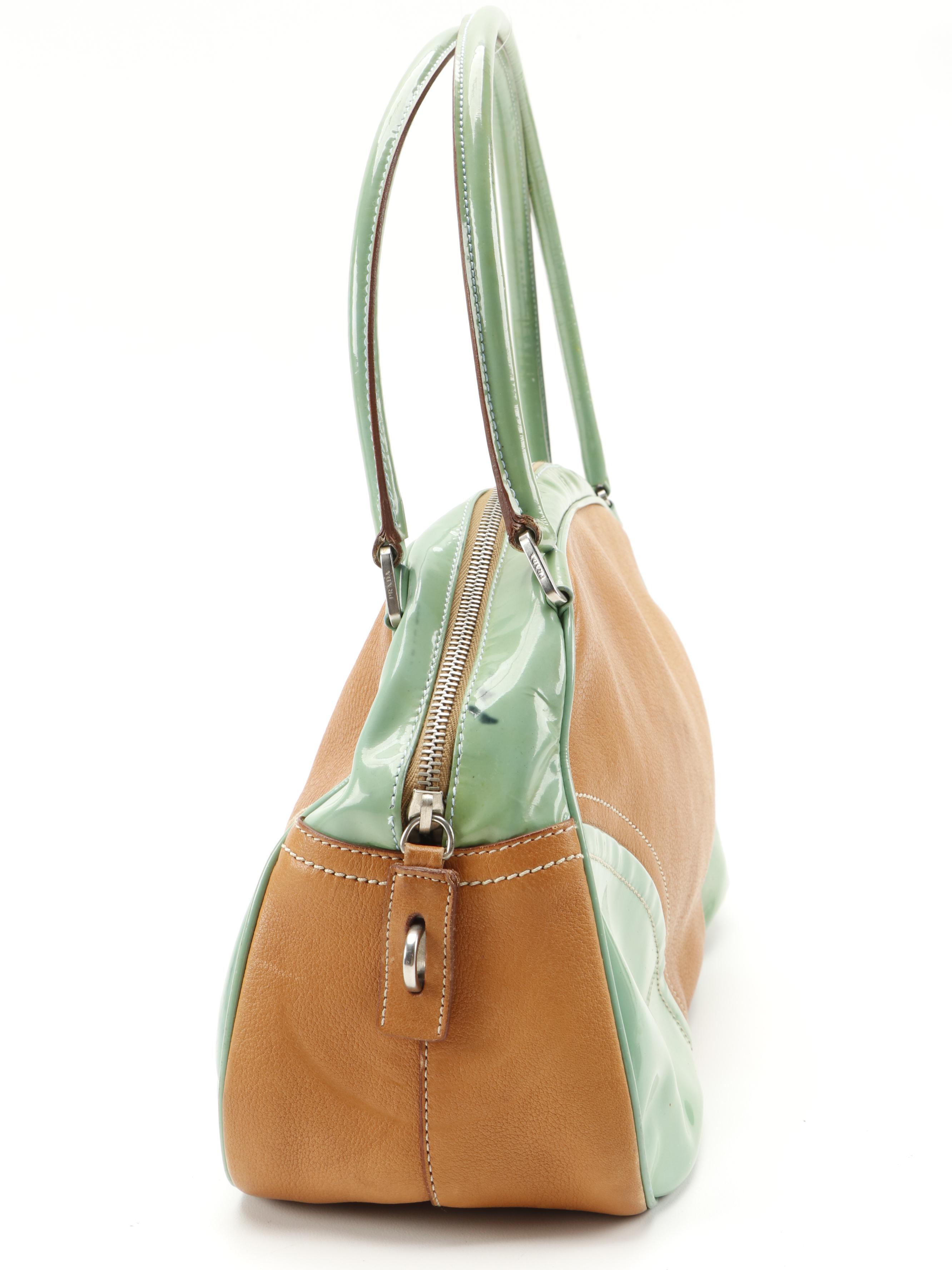 Prada Bowler Bag in Tan Leather and Green Patent Leather Trim