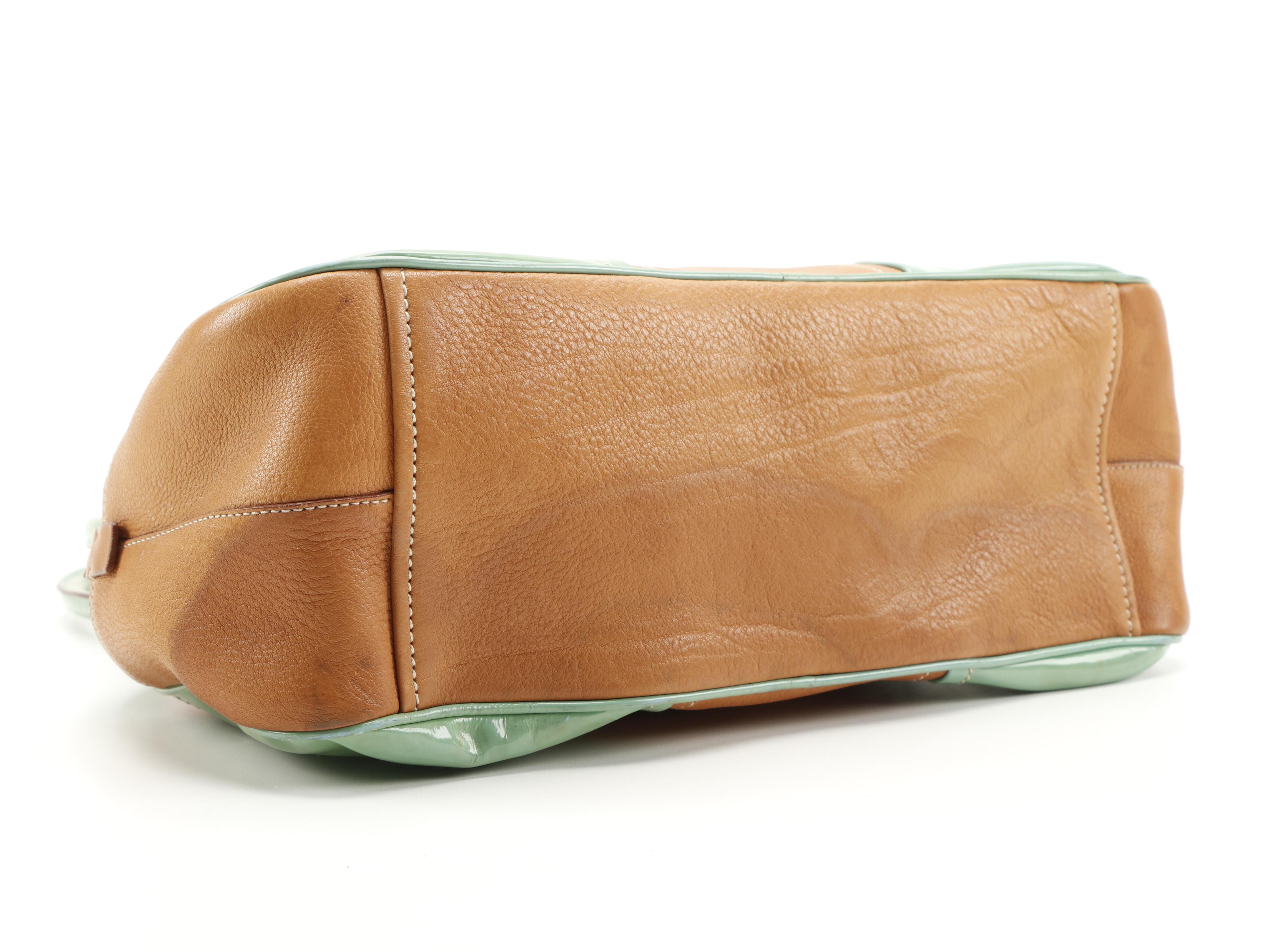 Prada Bowler Bag in Tan Leather and Green Patent Leather Trim