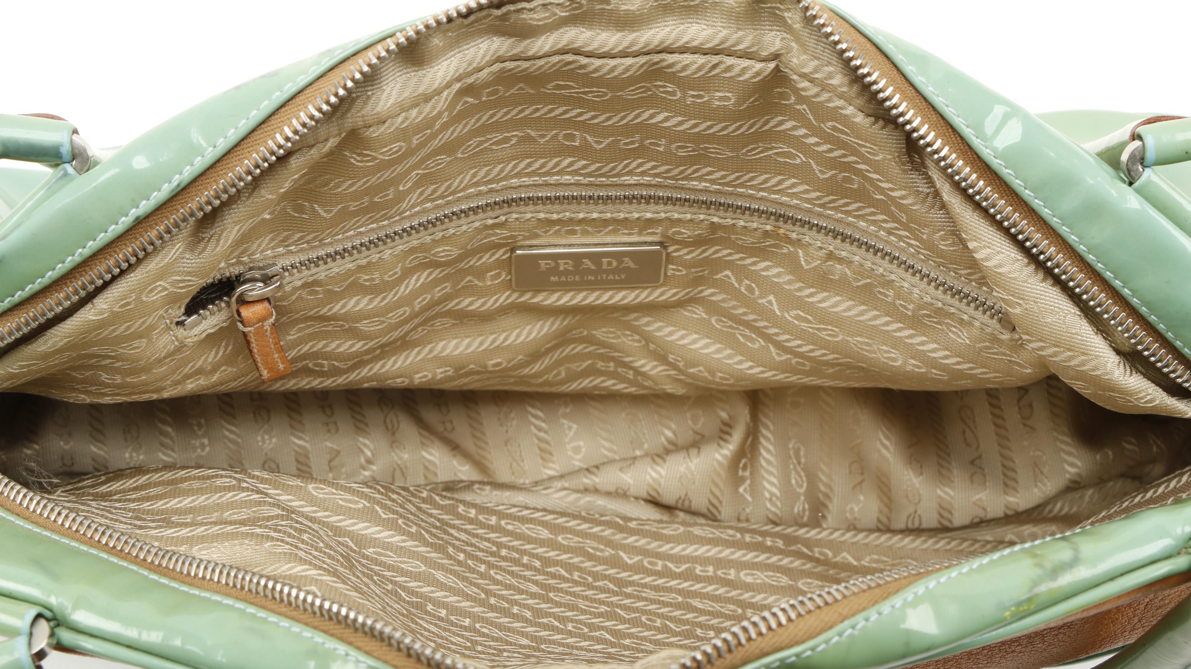 Prada Bowler Bag in Tan Leather and Green Patent Leather Trim