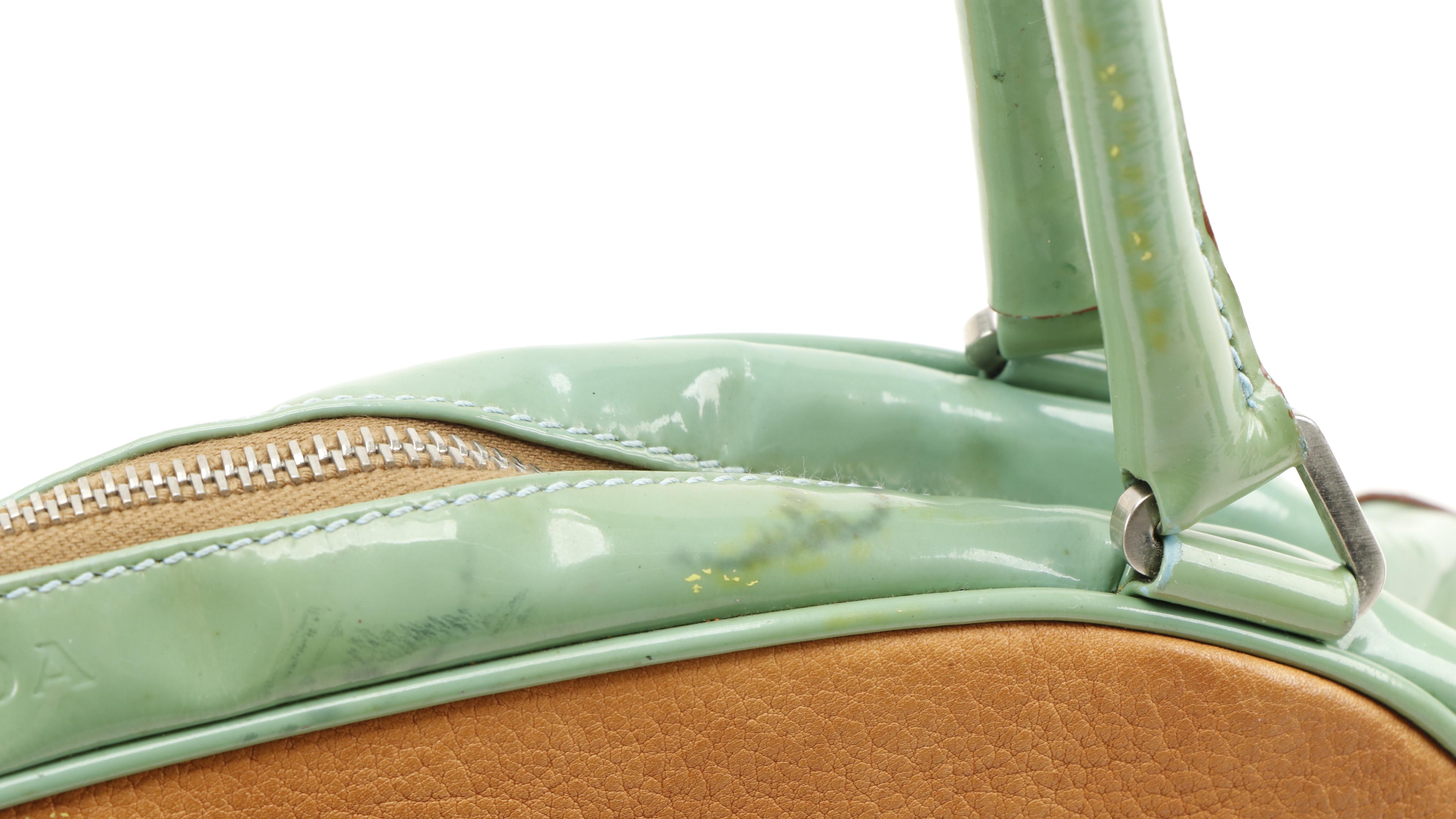 Prada Bowler Bag in Tan Leather and Green Patent Leather Trim