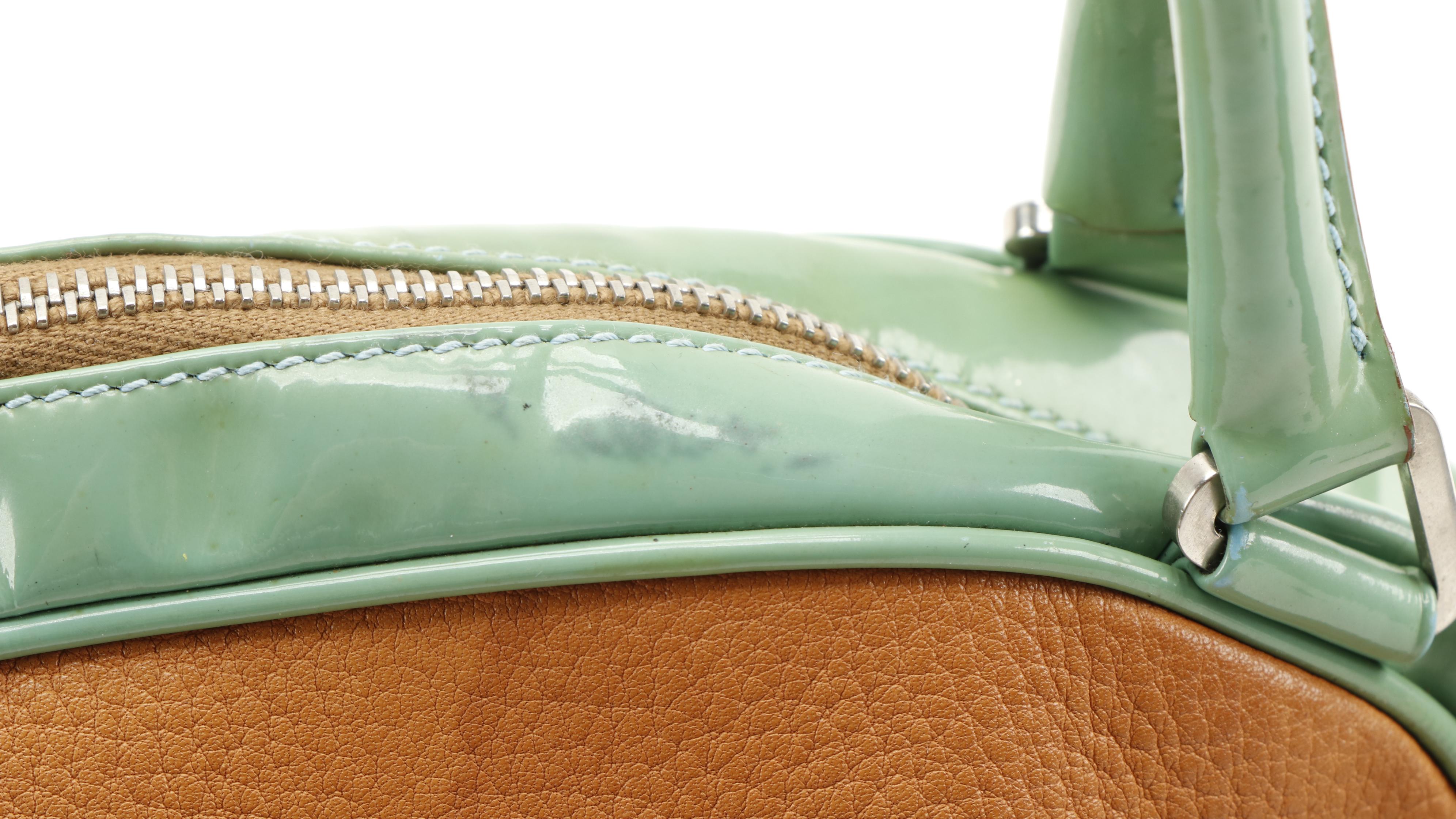Prada Bowler Bag in Tan Leather and Green Patent Leather Trim