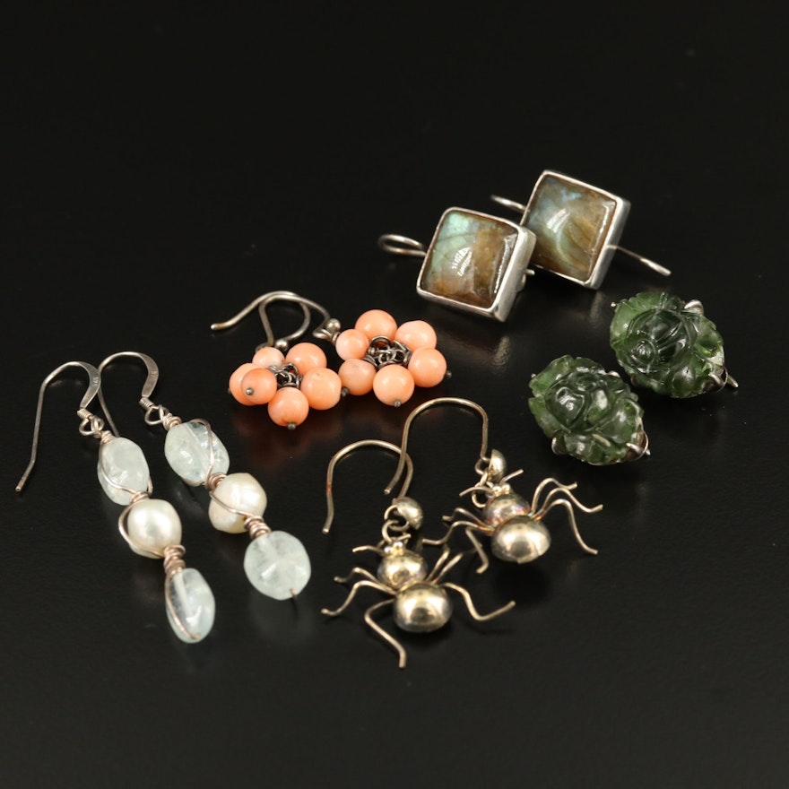 Selection of Earrings Featuring Carved Stone, Coral Cluster and Ant Motif