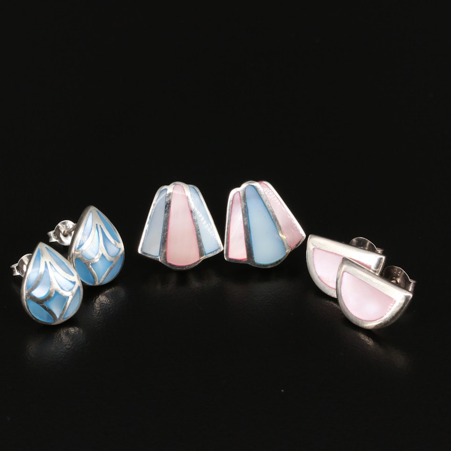 Assorted Sterling Silver Earrings Featuring Mother of Pearl Inlayed in Resin