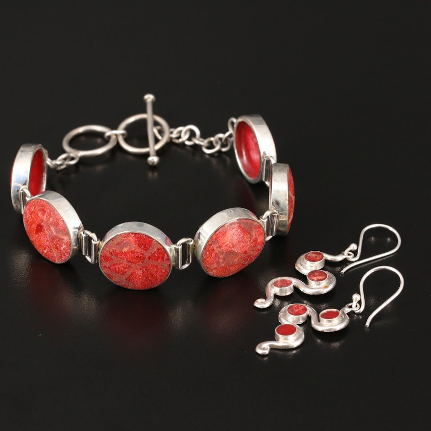 Sterling Coral Circular Bracelet and Swiggle Earrings