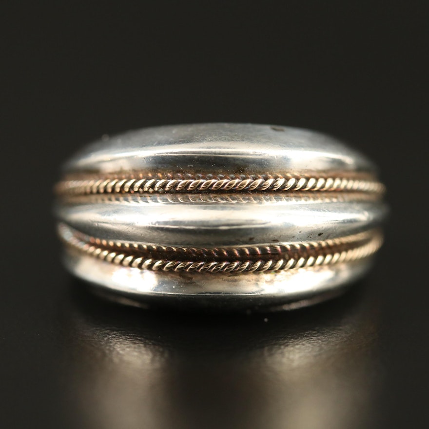 Sterling Silver Tapered Band with Ridges and 14K Accents